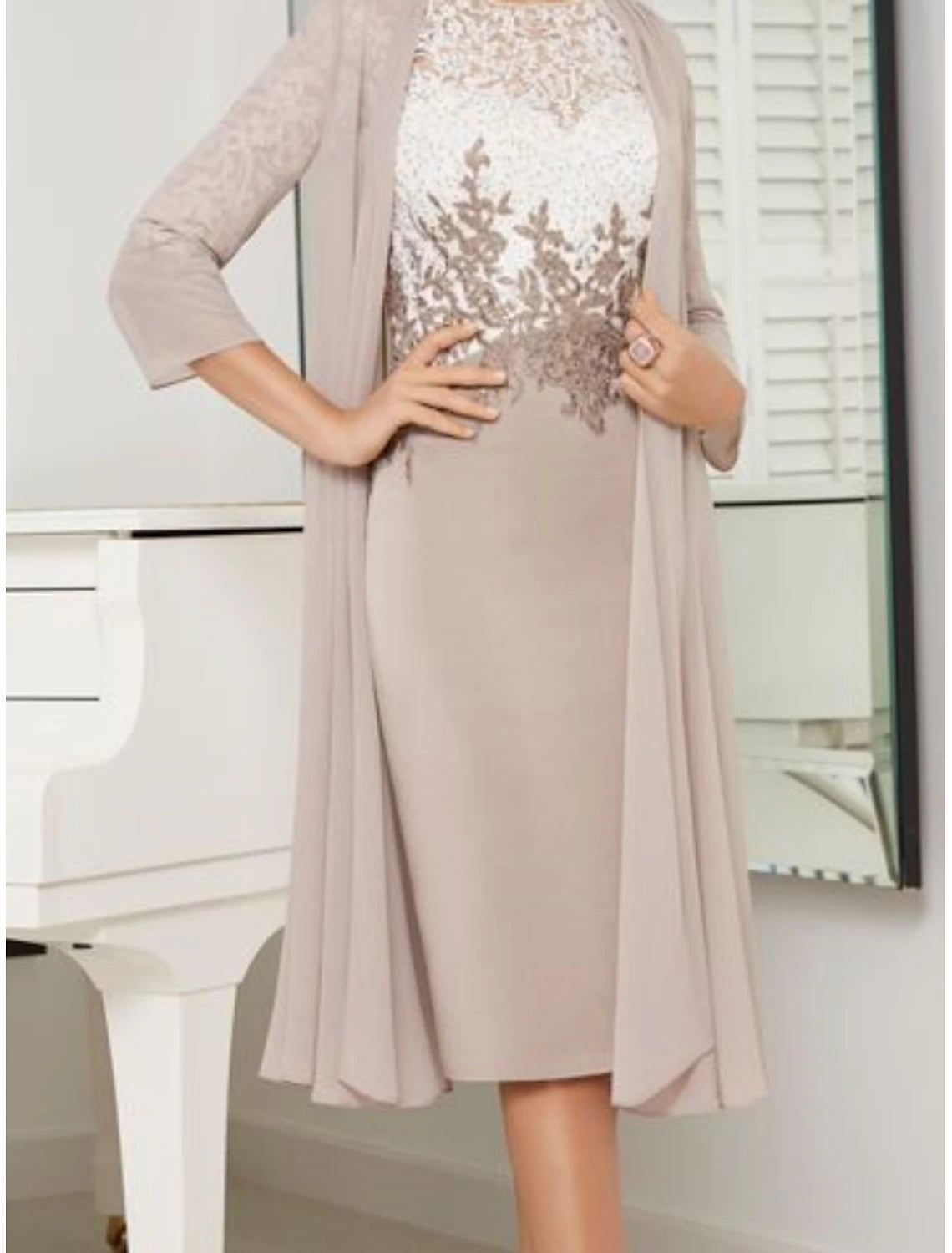Two Piece Sheath / Column Mother of the Bride Dress Wedding Guest Elegant Petite Scoop Neck Knee Length Chiffon Lace 3/4 Length Sleeve