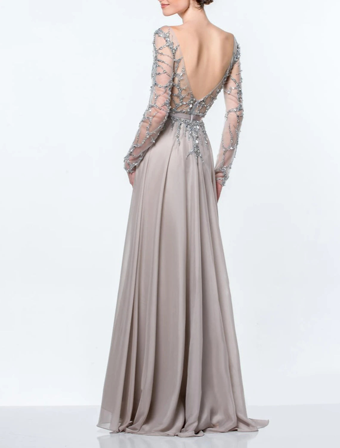 A-Line Mother of the Bride Dress Formal Wedding Guest Elegant Jewel Neck Floor Length Chiffon Sequined Long Sleeve