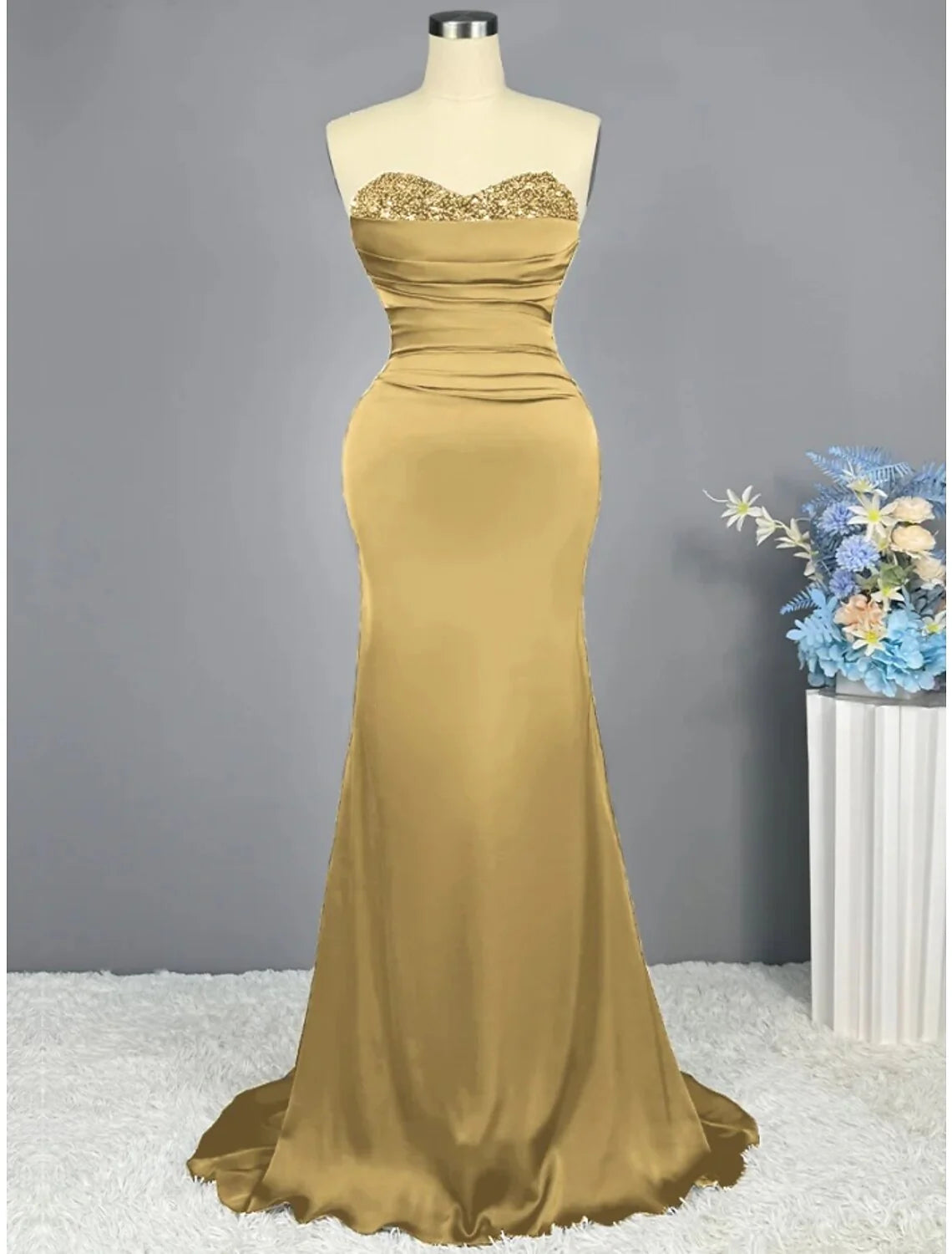Evening Gown Elegant Dress Formal Sweep / Brush Train Christmas Red Green Dress Sleeveless Sweetheart Imitation Silk with Pleats Ruched Sequin