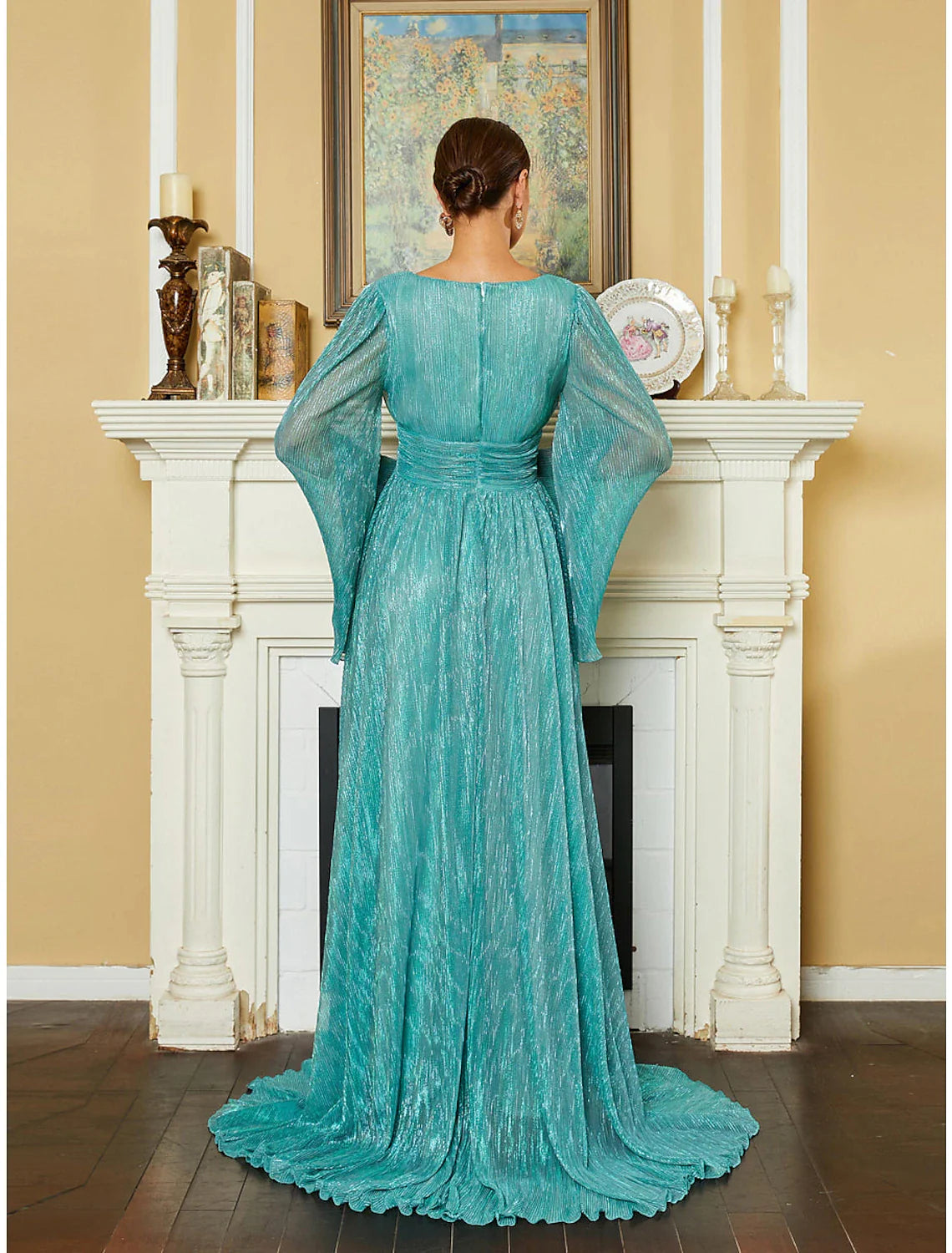Evening Gown Elegant Dress Formal Court Train Long Sleeve V Neck Sequined with Glitter Pleats
