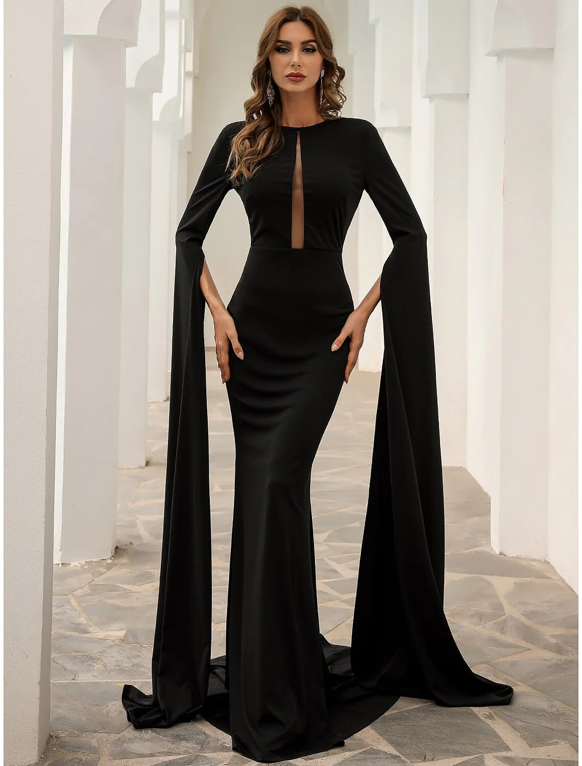 Evening Gown Elegant Dress Formal Fall Court Train Long Sleeve Jewel Neck Stretch Fabric with Pleats
