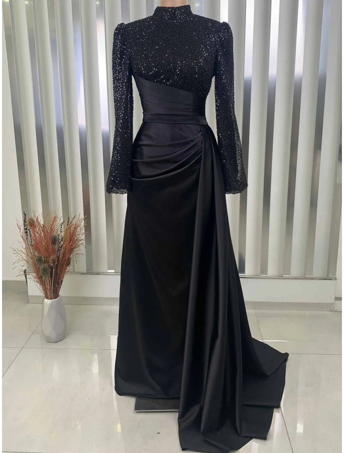 Evening Gown Champagne Christmas Elegant Dress Formal Sweep / Brush Train Long Sleeve High Neck Satin with Glitter Pleats Ruched