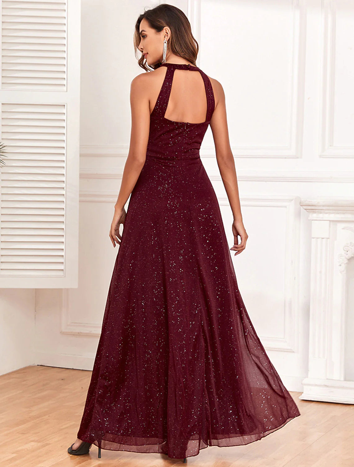 Evening Gown Empire Dress Evening Party Dress Wedding Reception Floor Length Sleeveless Halter Neck Polyester Backless V Back with Glitter