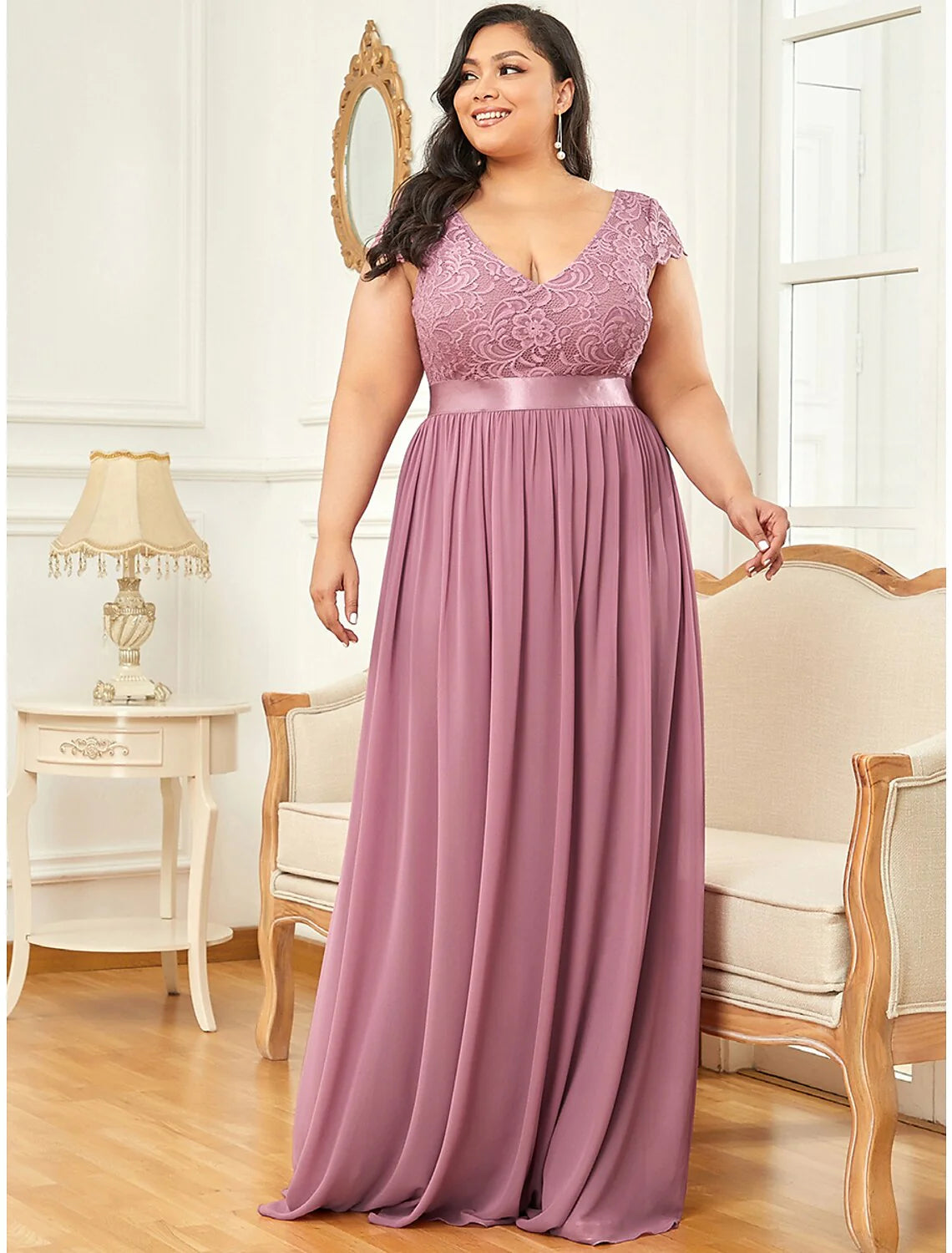 Evening Dress V Neck V Back Short Sleeve Floor Length Chiffon with Draping Lace Insert