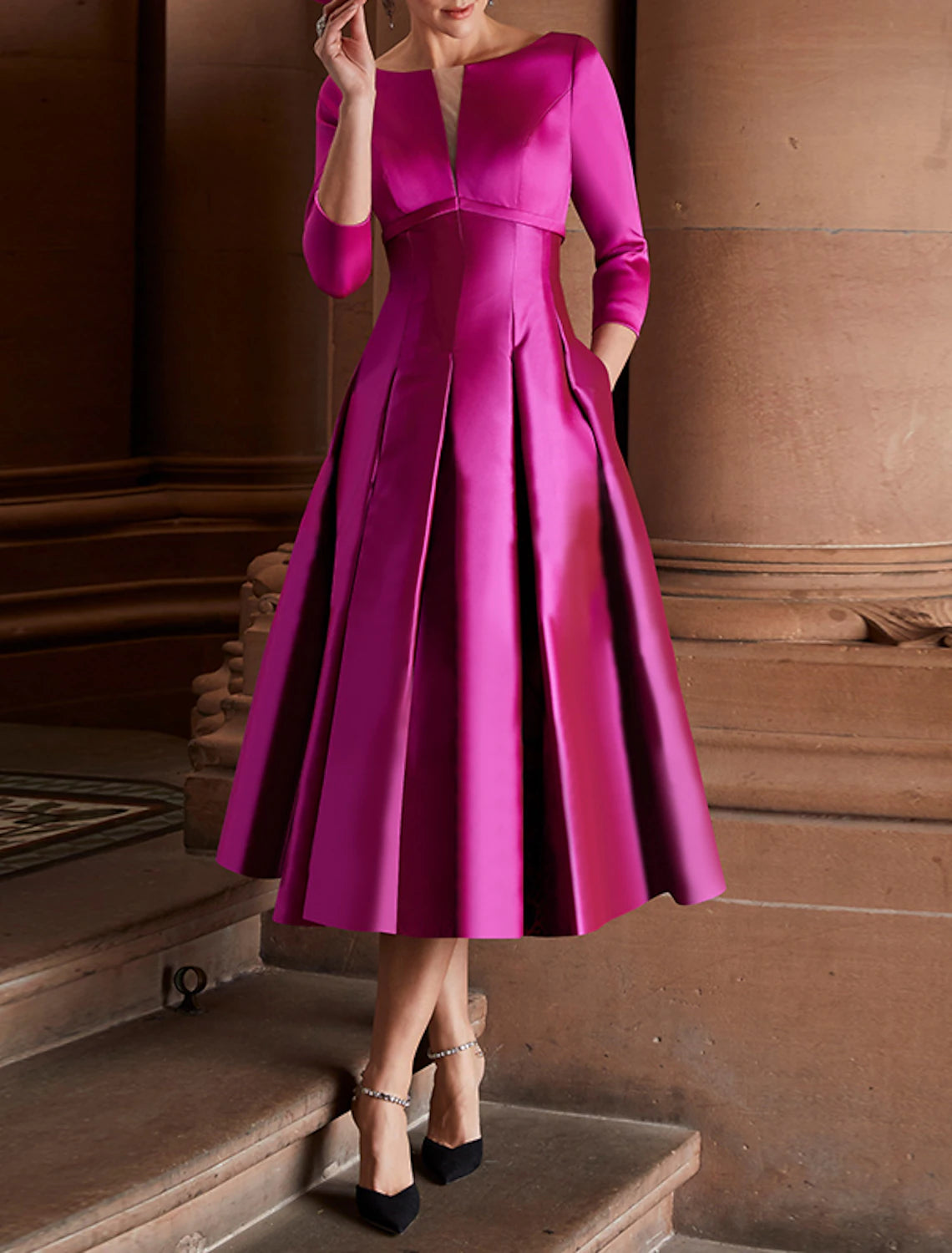 A-Line Cocktail Dresses Minimalist Dress Party Dress Wedding Guest Tea Length 3/4 Length Sleeve Jewel Neck Fall Wedding Guest Satin