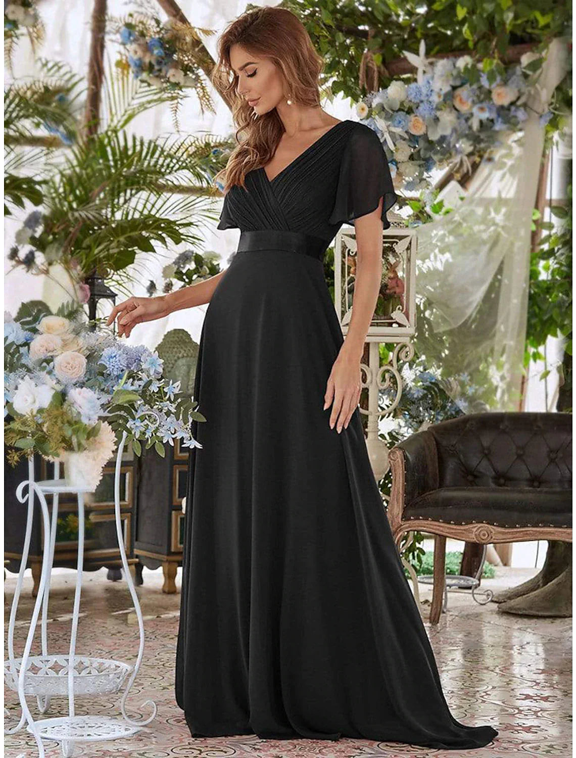 Evening Gown Party Dress Empire Dress Wedding Guest Formal Evening Floor Length Short Sleeve V Neck Bridesmaid Dress Chiffon V Back with Ruffles Pure Color