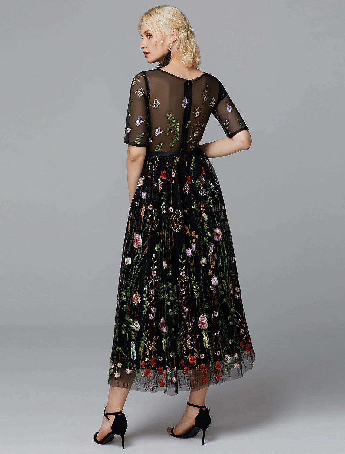 A-Line Floral Dress Holiday Wedding Guest Tea Length Half Sleeve Illusion Neck Lace with Embroidery Appliques