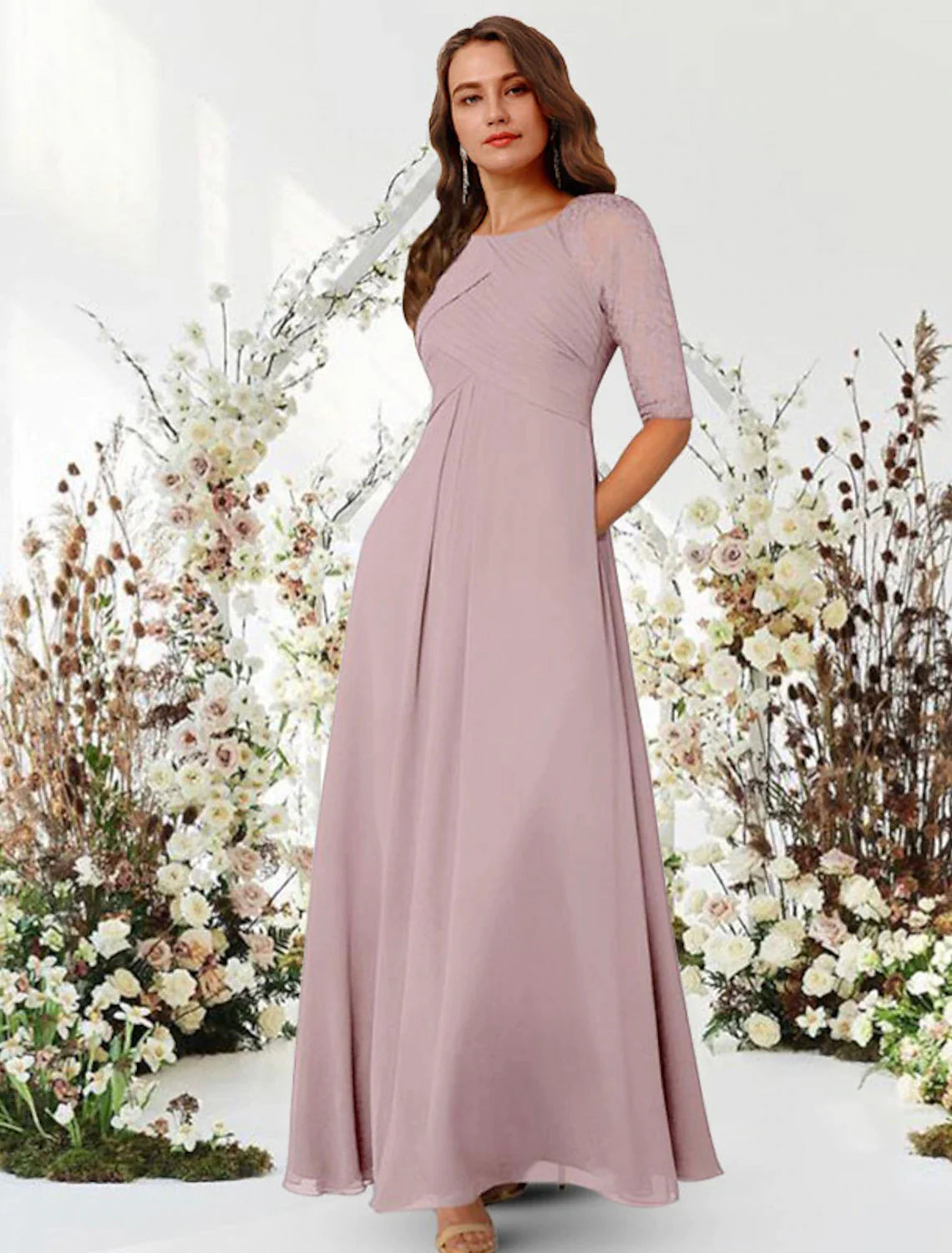 A-Line Evening Gown Elegant Dress Wedding Guest Formal Evening Floor Length Half Sleeve Jewel Neck Chiffon with Pleats Ruched