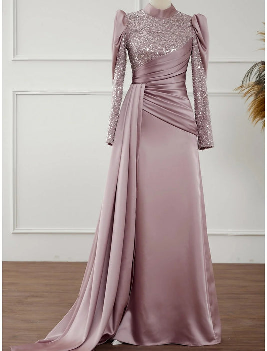 Evening Gown Sparkle & Shine Dress Formal Sweep / Brush Train Long Sleeve Jewel Neck Satin with Glitter Pleats Ruched