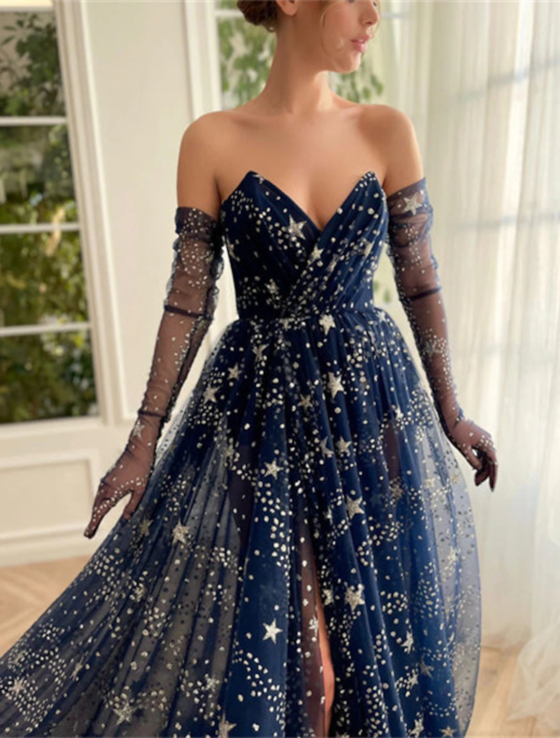 A-Line Prom Dresses Sparkle & Shine Dress Wedding Guest Birthday Sweep / Brush Train Sleeveless Strapless Tulle