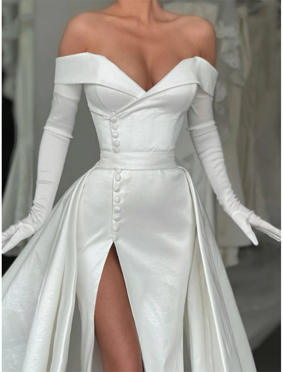 A-Line Evening Gown Elegant Dress Formal Court Train Long Sleeve Off Shoulder Satin