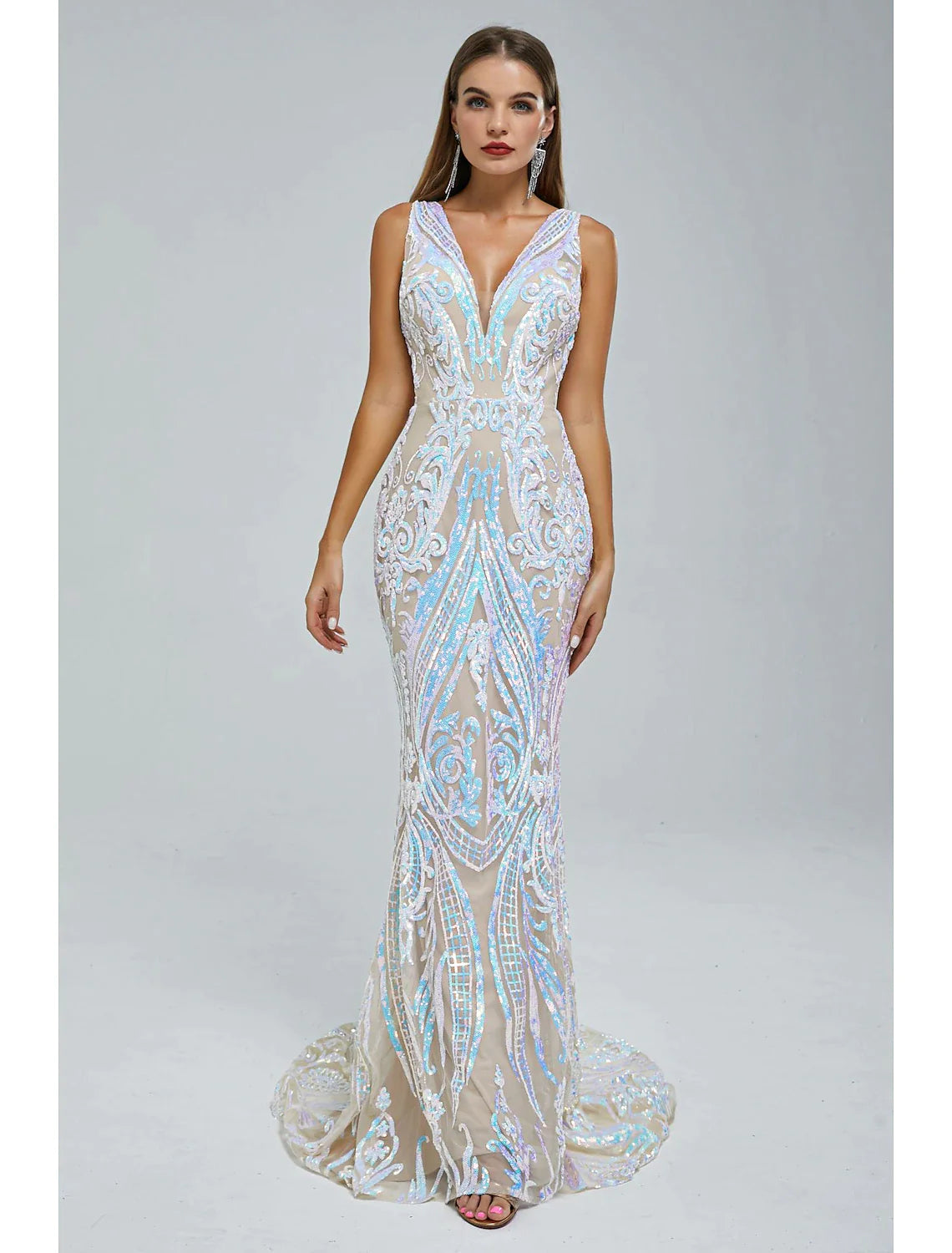 Mermaid / Trumpet Evening Gown Sparkle & Shine Dress Wedding Guest Engagement Court Train Sleeveless V Neck Sequined with Sequin