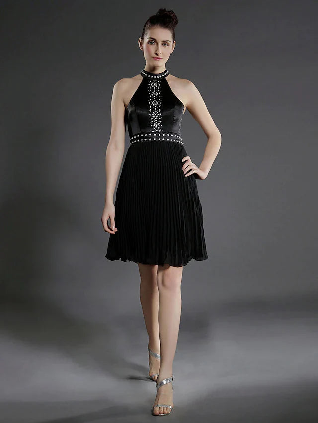 Ball Gown Little Black Dress Dress Holiday Knee Length Sleeveless High Neck Chiffon