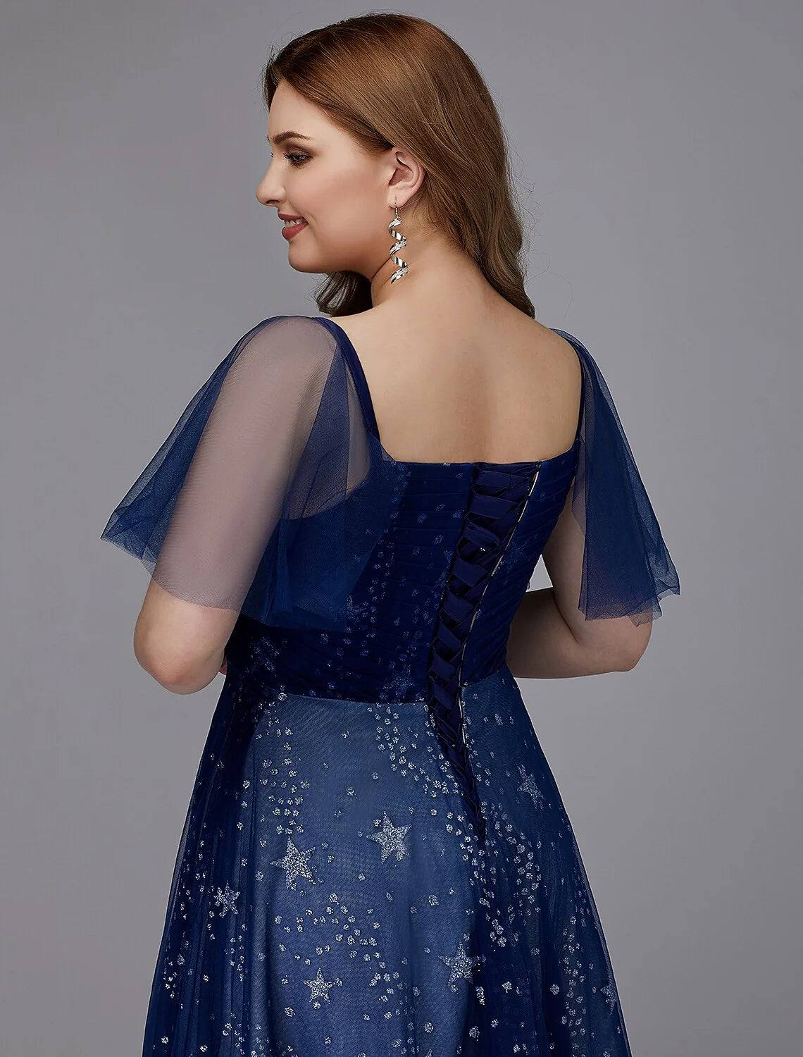 A-Line Plus Size Evening Dress Floor Length Short Sleeve Sweetheart Tulle Lace-up with Beading Pattern / Print