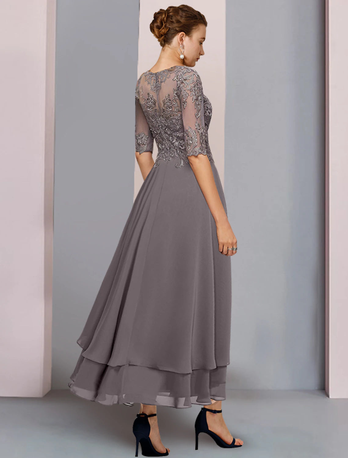A-Line Mother of the Bride Dress Formal Wedding Guest Elegant Scoop Neck Asymmetrical Tea Length Chiffon Lace 3/4 Length Sleeve
