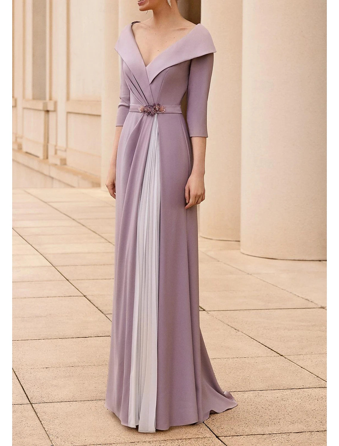 Mermaid / Trumpet Mother of the Bride Dress Elegant V Neck Floor Length Crepe Chiffon 3/4 Length Sleeve