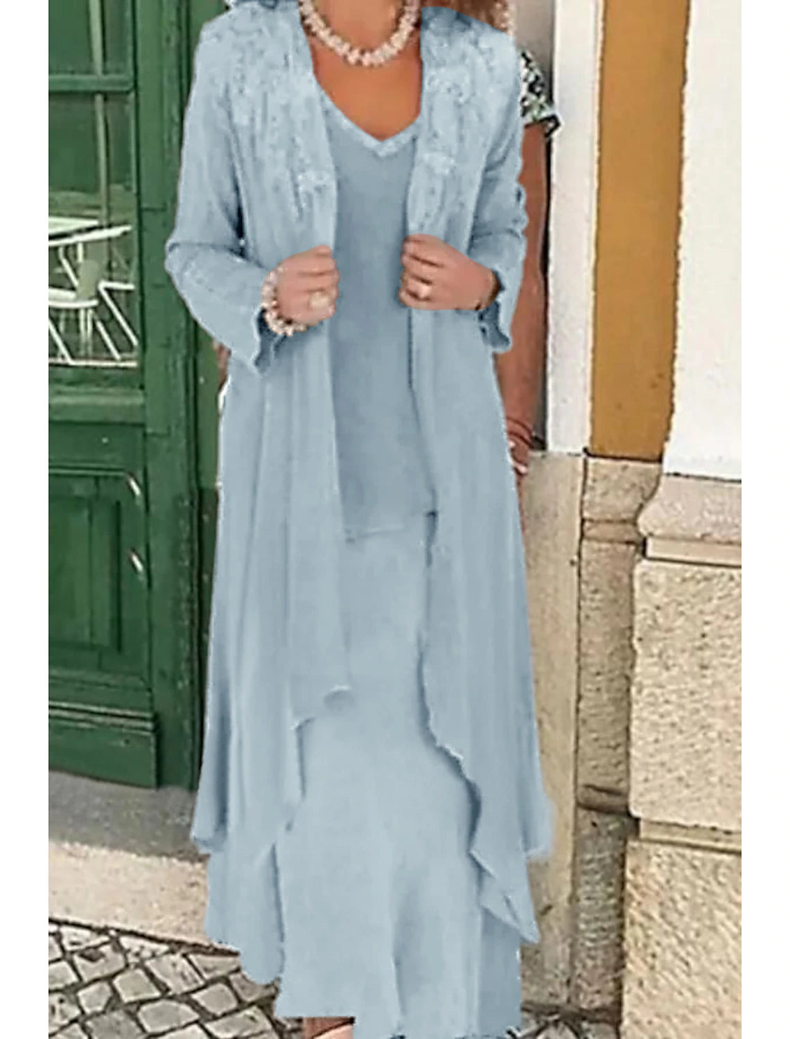 Two Piece A-Line Mother of the Bride Dress Formal Wedding Guest Elegant Plus Size Casual V Neck Floor Length Lace Linen Cotton Blend Sleeveless Jacket Dresses