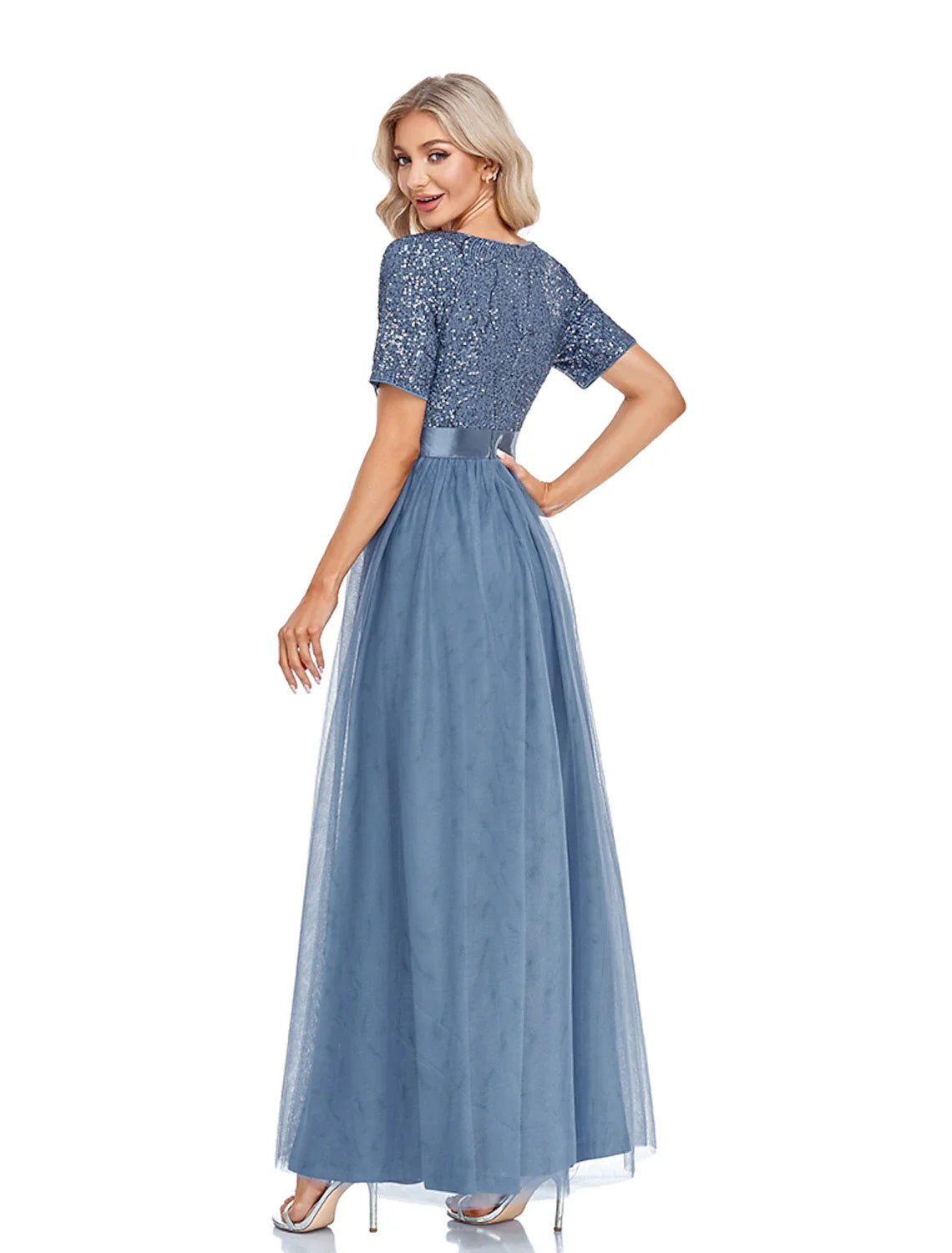 Evening Gown Elegant Dress Wedding Guest Floor Length Short Sleeve V Neck Tulle with Sequin Splicing