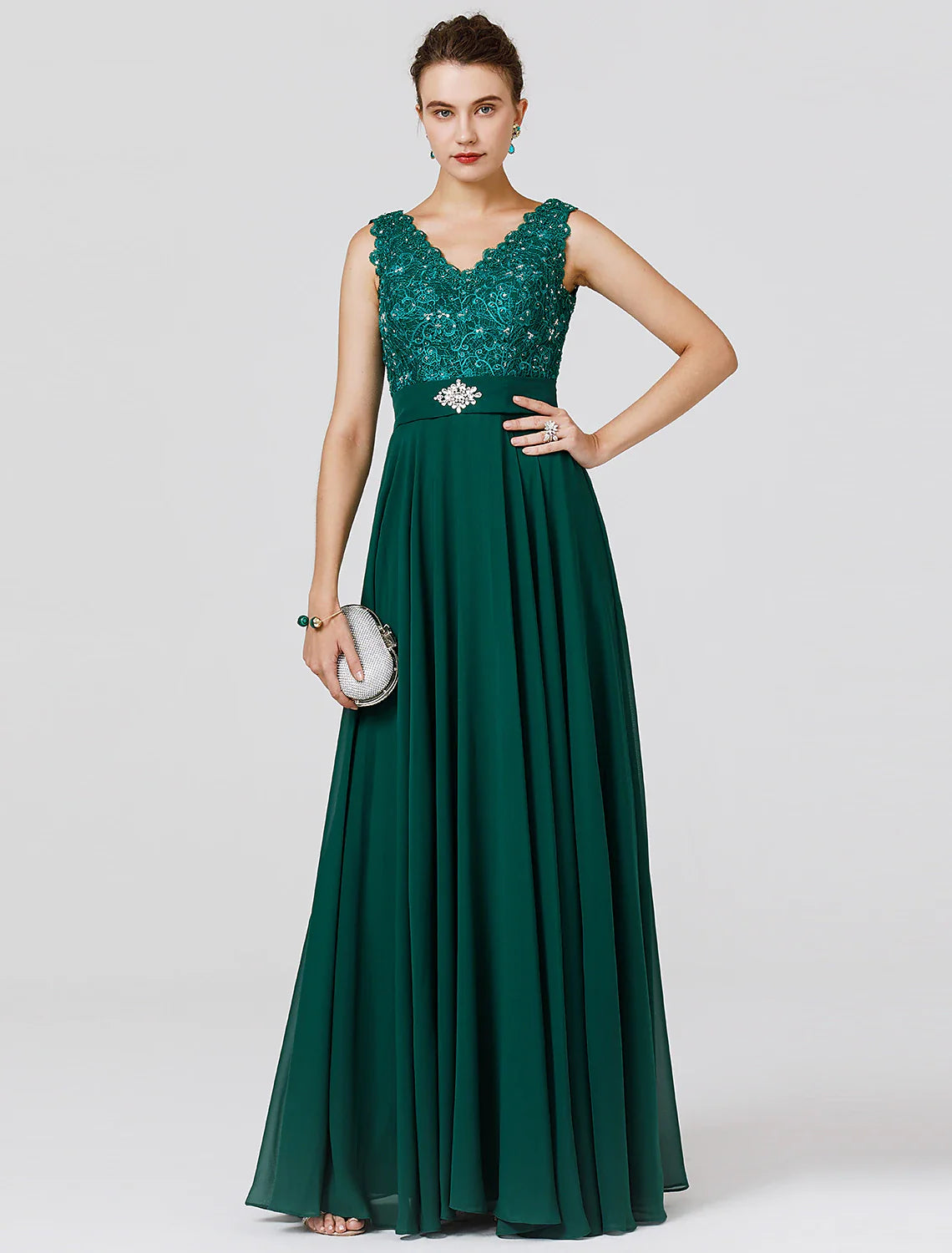 Wedding Guest Formal Evening Floor Length Sleeveless V Neck Chiffon V Back with Sash / Ribbon Beading