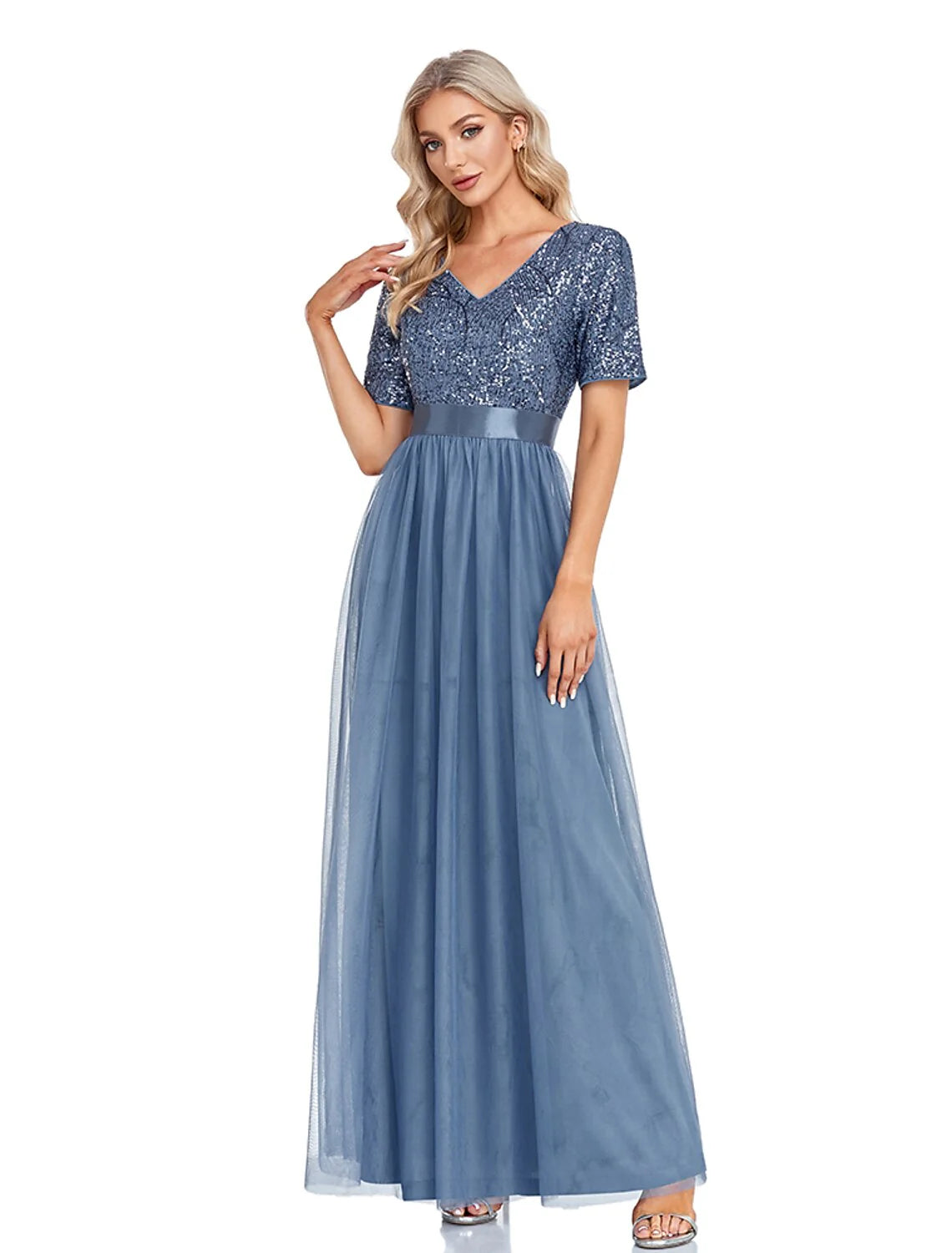 Evening Gown Elegant Dress Wedding Guest Floor Length Short Sleeve V Neck Tulle with Sequin Splicing