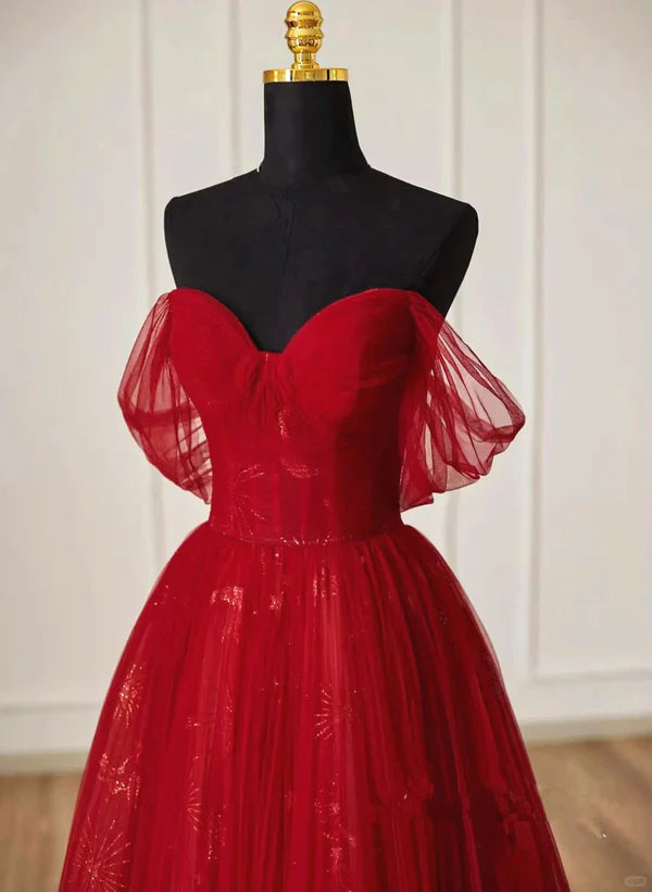 Wine Red Tulle Sweetheart Off Shoulder Prom Dress