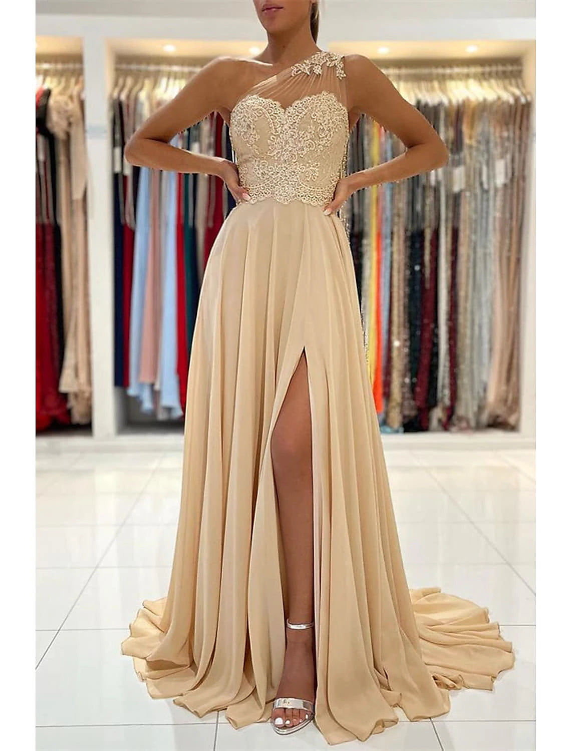 A-Line Prom Dresses Sexy Dress Formal Wedding Guest Court Train Sleeveless One Shoulder Chiffon