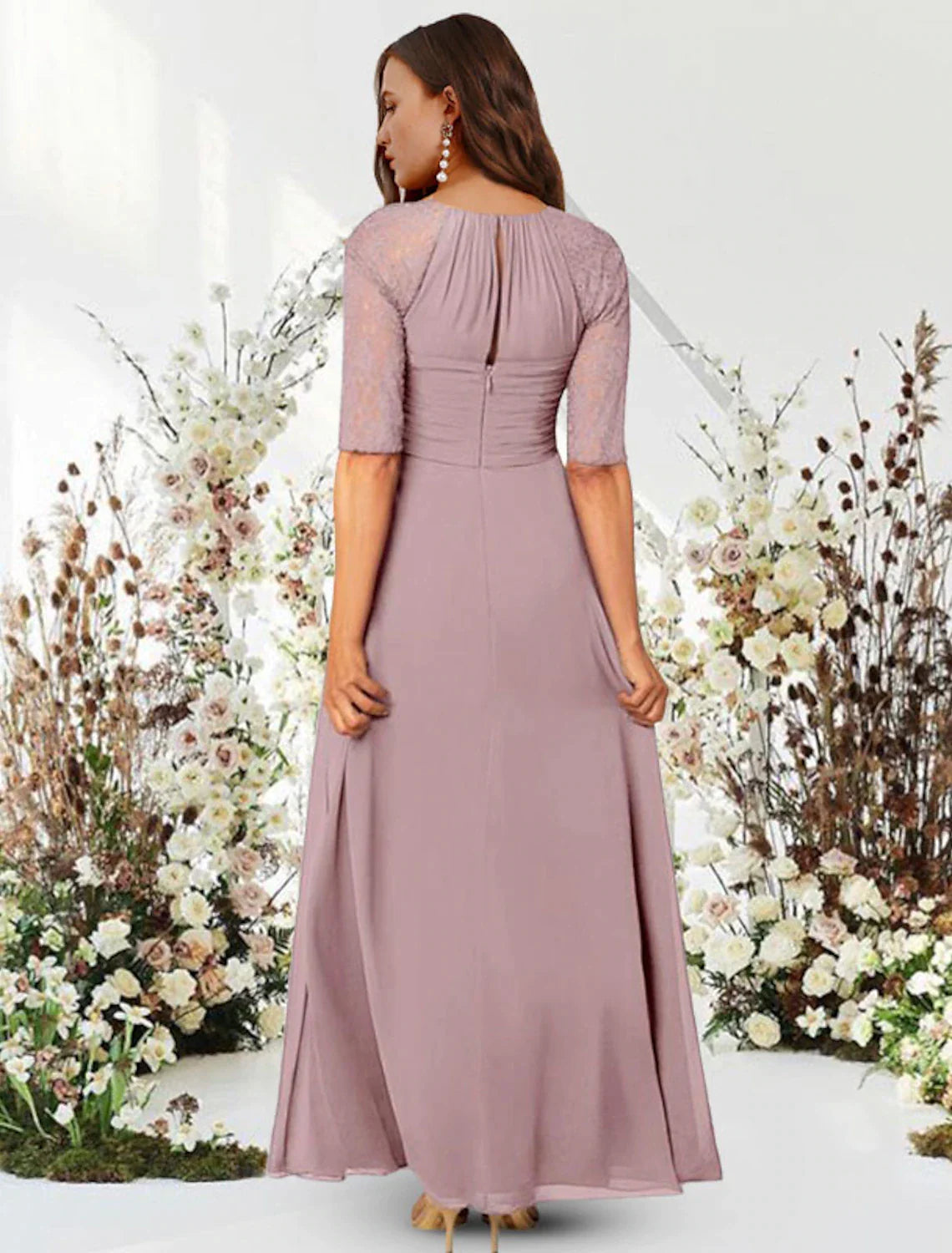 A-Line Evening Gown Elegant Dress Wedding Guest Formal Evening Floor Length Half Sleeve Jewel Neck Chiffon with Pleats Ruched