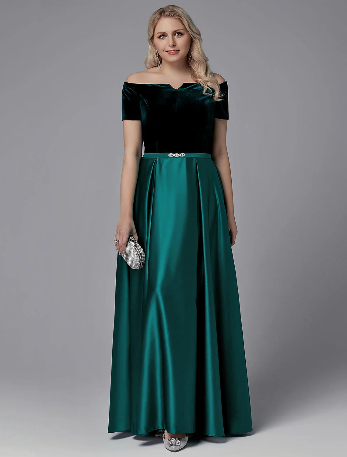 A-Line Evening Dresses Elegant Dress Wedding Guest Formal Evening Floor Length Short Sleeve Off Shoulder Satin with Crystals