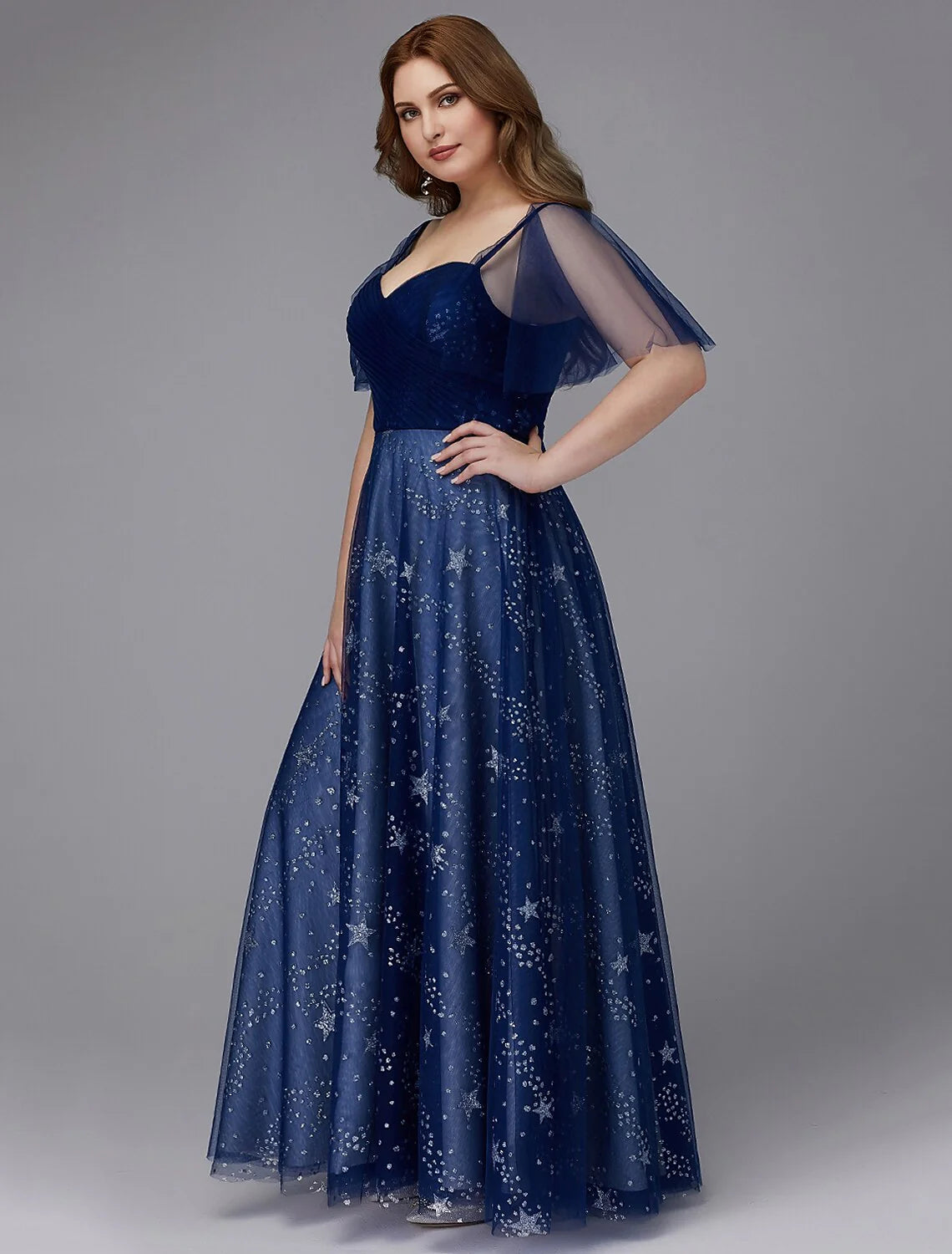 A-Line Plus Size Evening Dress Floor Length Short Sleeve Sweetheart Tulle Lace-up with Beading Pattern / Print