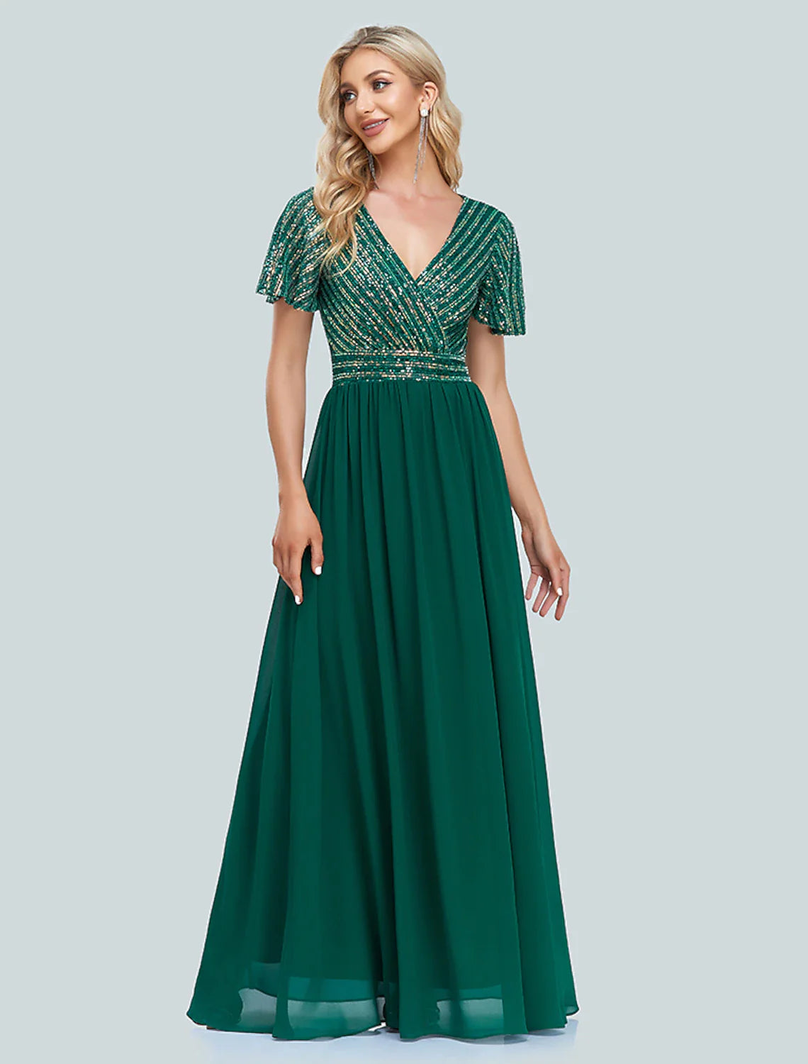 Evening Gown Elegant Dress Christmas Floor Length Short Sleeve V Neck Sequined with Sequin