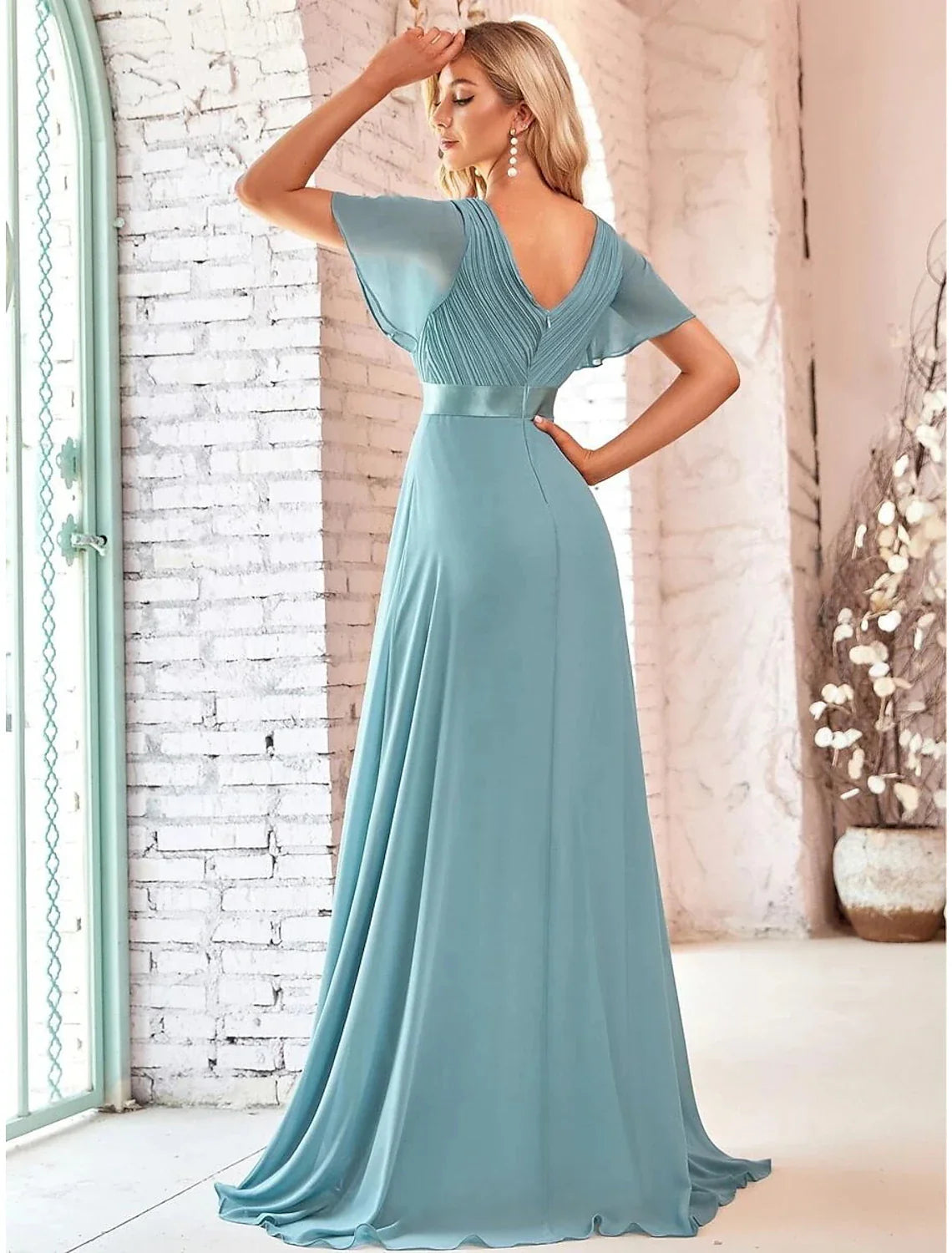 Evening Gown Party Dress Empire Dress Wedding Guest Formal Evening Floor Length Short Sleeve V Neck Bridesmaid Dress Chiffon V Back with Ruffles Pure Color