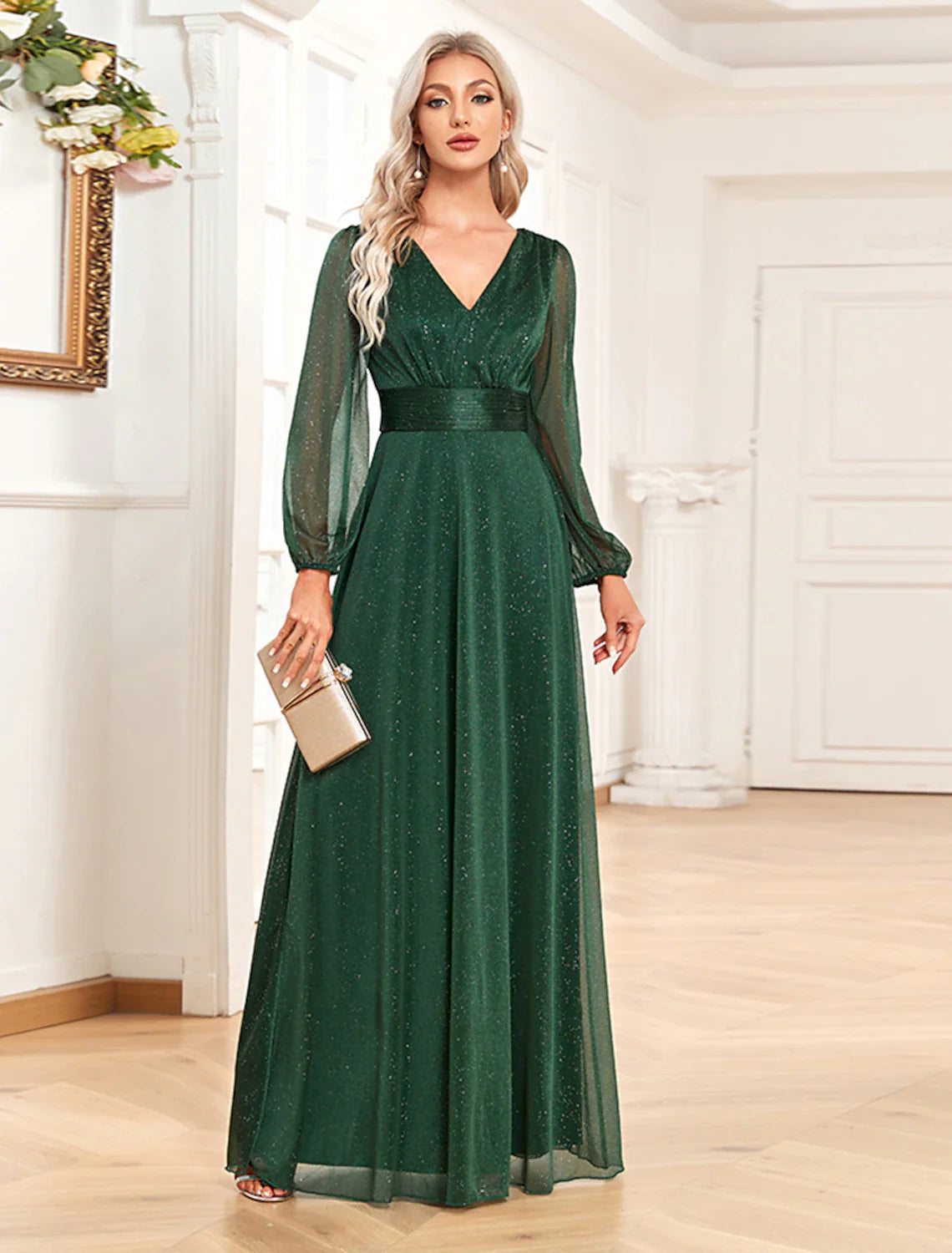 Evening Gown Elegant Dress Formal Floor Length Long Sleeve V Neck Chiffon with Sequin