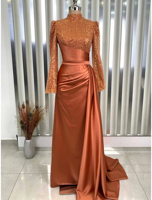 Evening Gown Champagne Christmas Elegant Dress Formal Sweep / Brush Train Long Sleeve High Neck Satin with Glitter Pleats Ruched