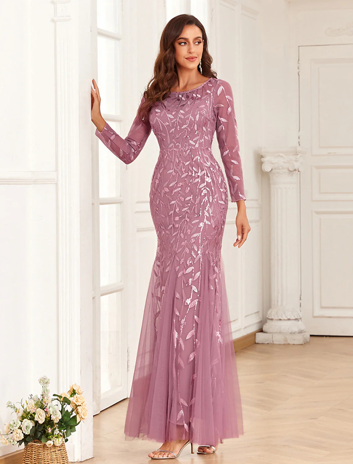 Evening Gown Elegant Dress Prom Floor Length Long Sleeve Jewel Neck Tulle with Embroidery
