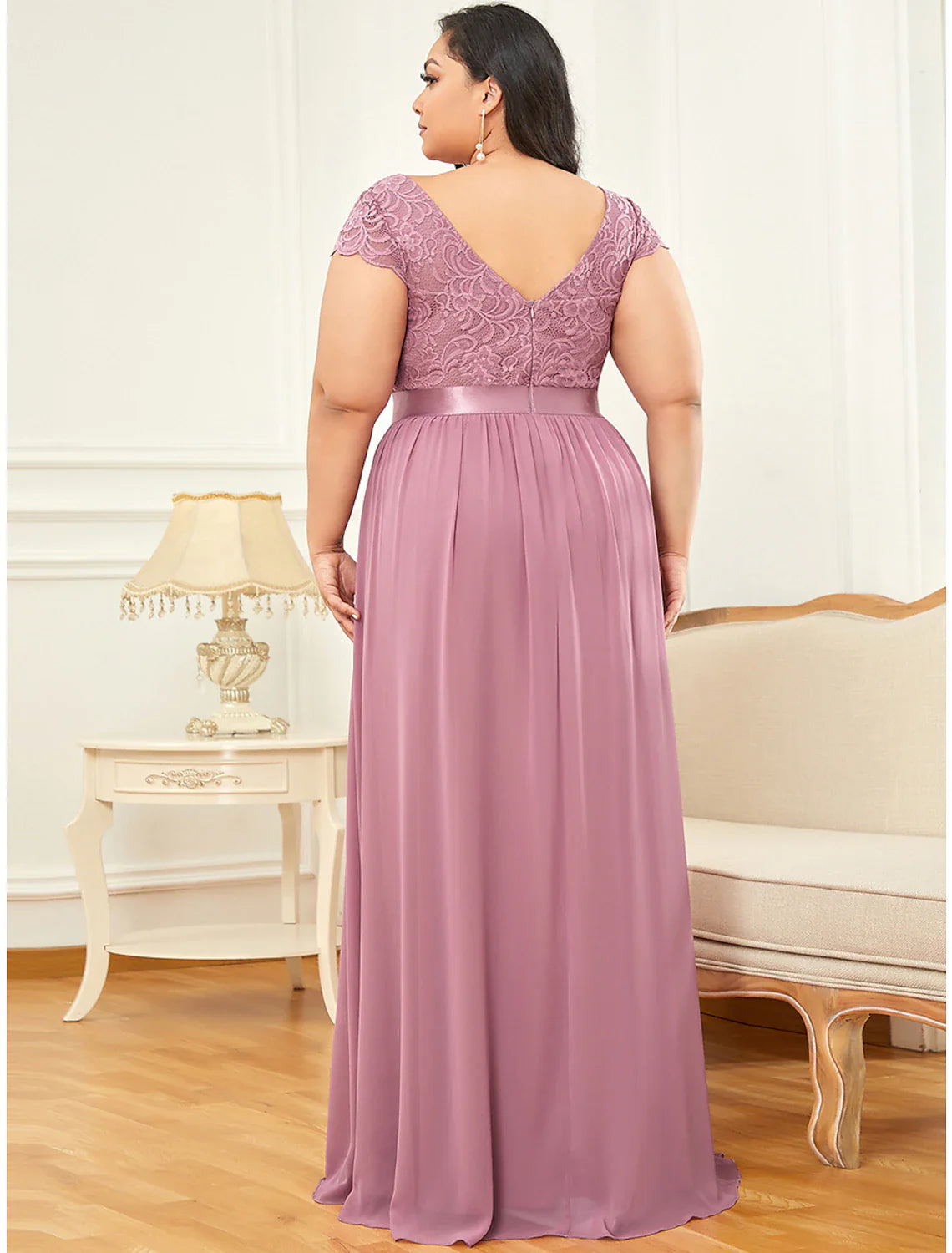 Evening Dress V Neck V Back Short Sleeve Floor Length Chiffon with Draping Lace Insert