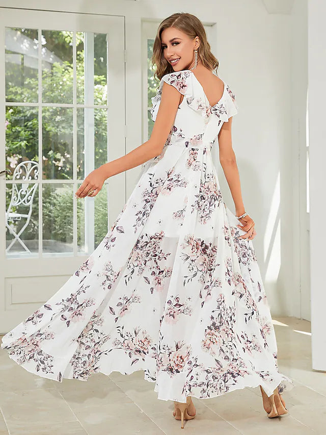 A-Line Wedding Guest Dresses Floral Dress Party Wear Asymmetrical Sleeveless V Neck Chiffon with Ruffles Strappy