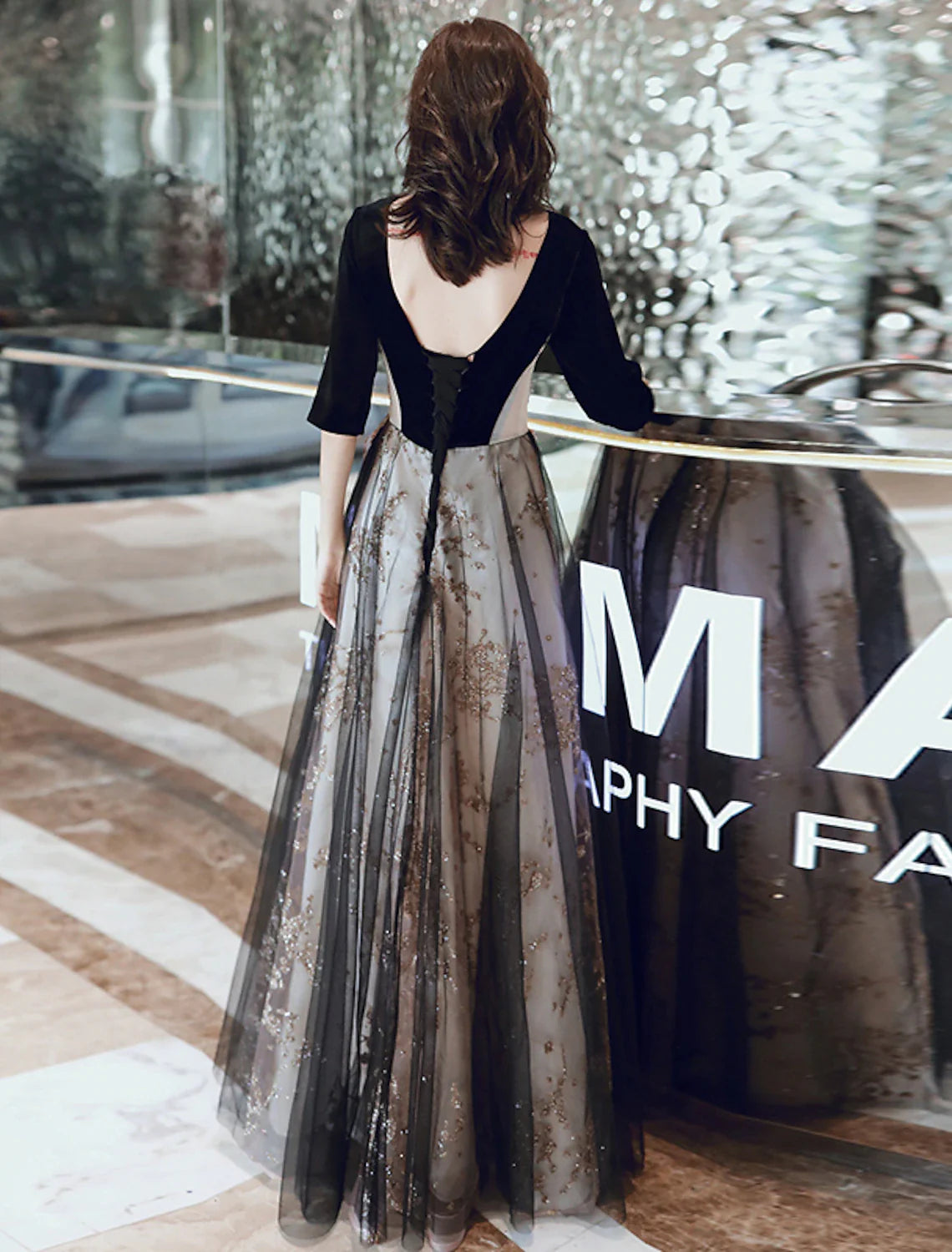 Evening Dress Illusion Neck Half Sleeve Floor Length Velvet with Sequin Appliques