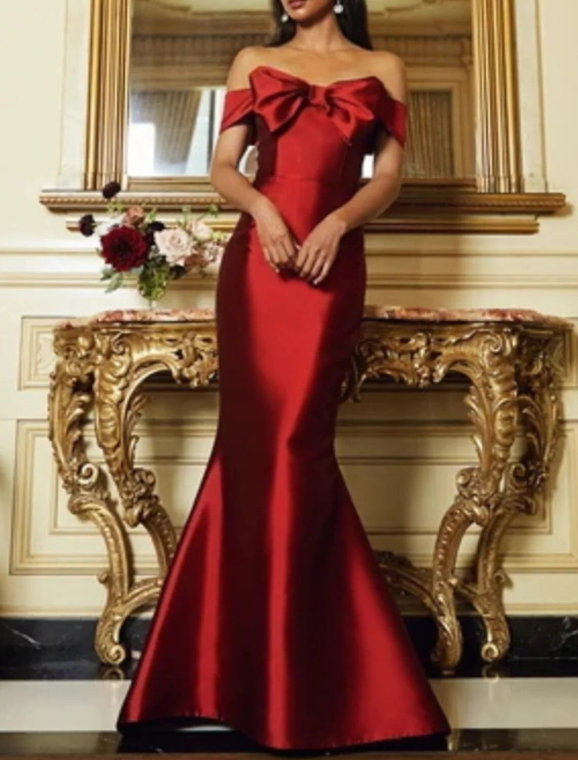 Evening Gown Vintage Dress Wedding Guest Floor Length Sleeveless Strapless Satin with Sleek Bow(s)