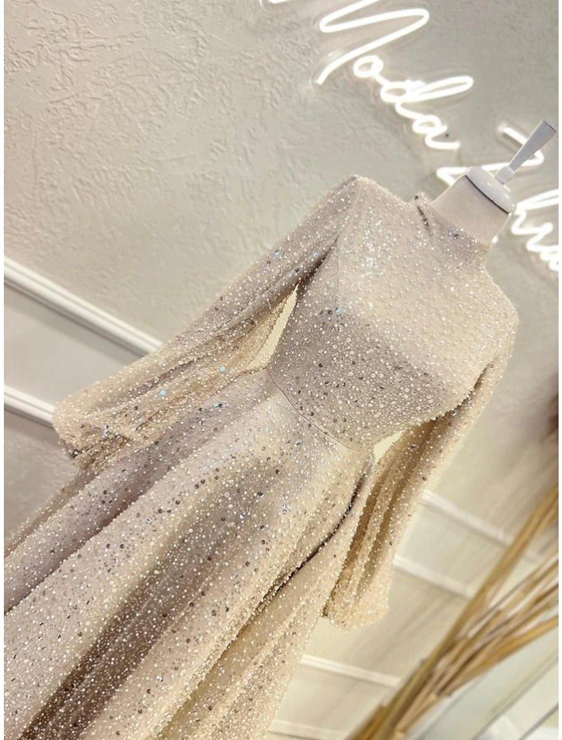 Evening Gown Elegant Dress Formal Ankle Length Long Sleeve High Neck Sequined with Glitter Pleats