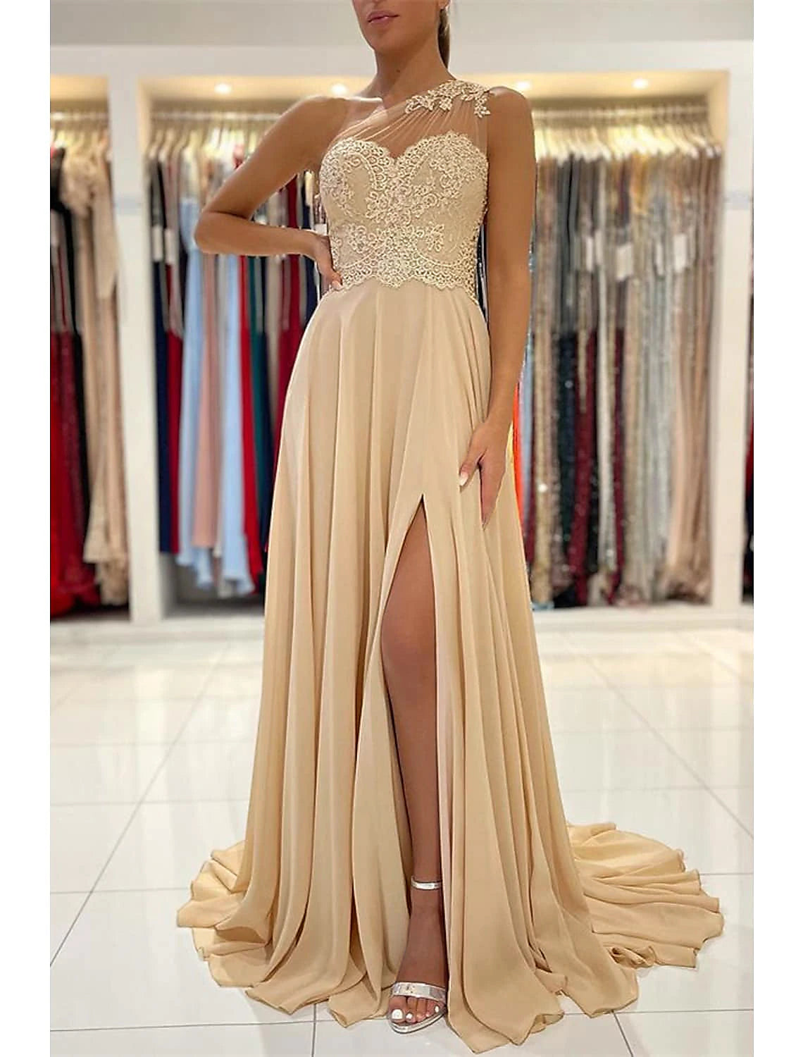 A-Line Prom Dresses Sexy Dress Formal Wedding Guest Court Train Sleeveless One Shoulder Chiffon