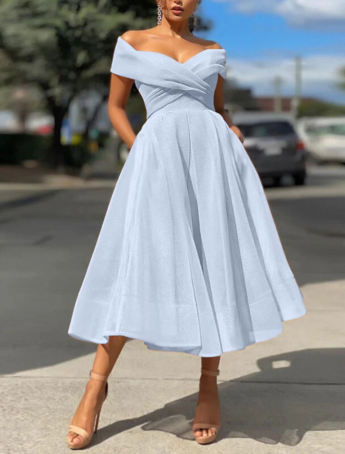 A-Line Prom Dresses Vintage Dress Wedding Guest Summer Tea Length Sleeveless Off Shoulder Organza Backless