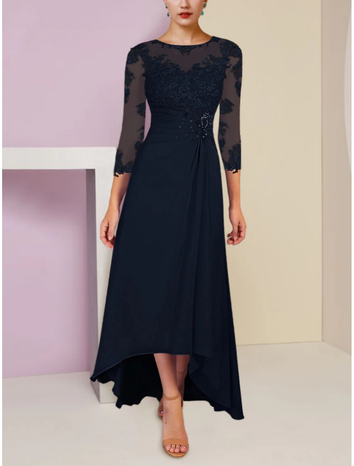 A-Line Mother of the Bride Dress Wedding Guest Elegant Scoop Neck Asymmetrical Ankle Length Chiffon 3/4 Length Sleeve