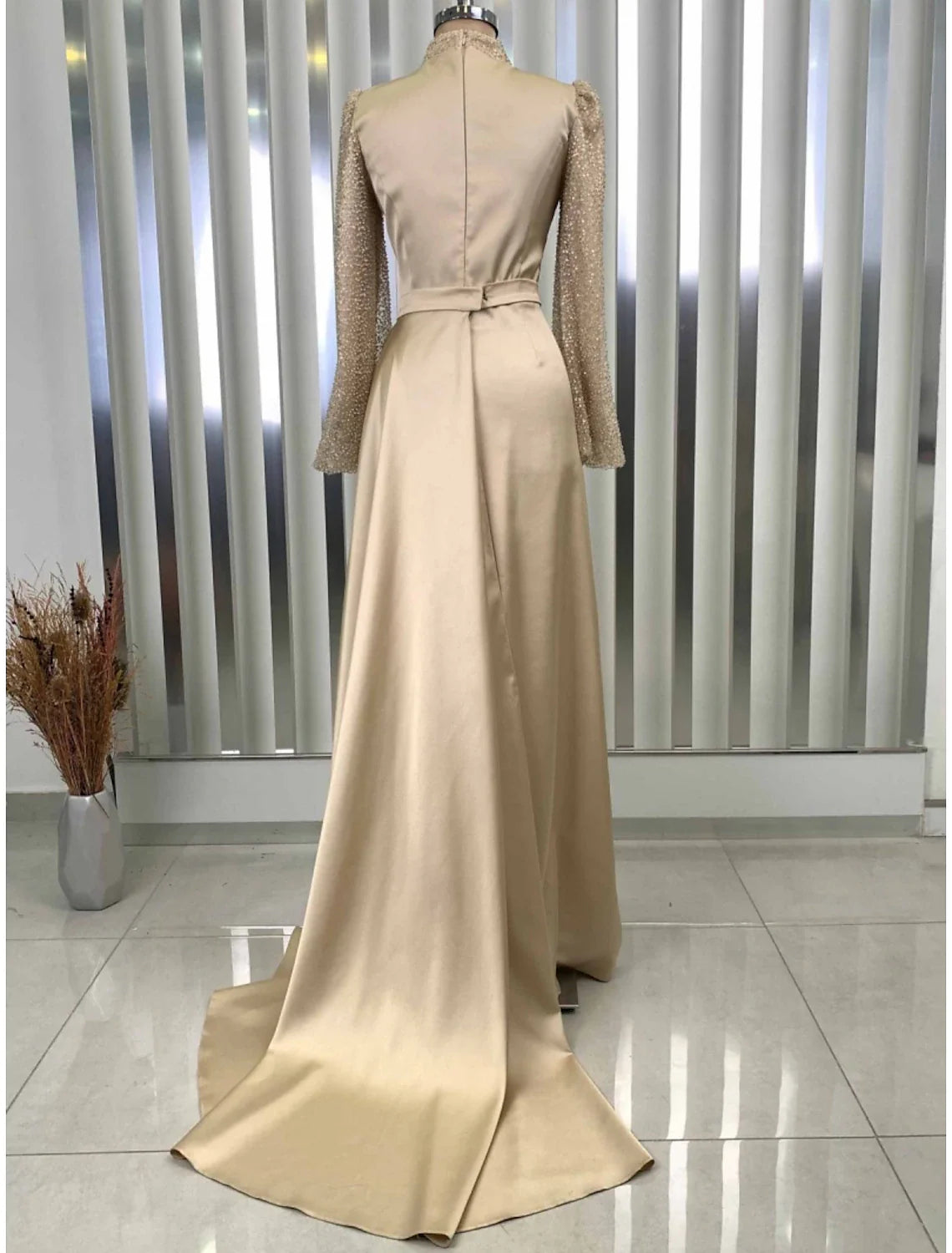 Evening Gown Champagne Christmas Elegant Dress Formal Sweep / Brush Train Long Sleeve High Neck Satin with Glitter Pleats Ruched