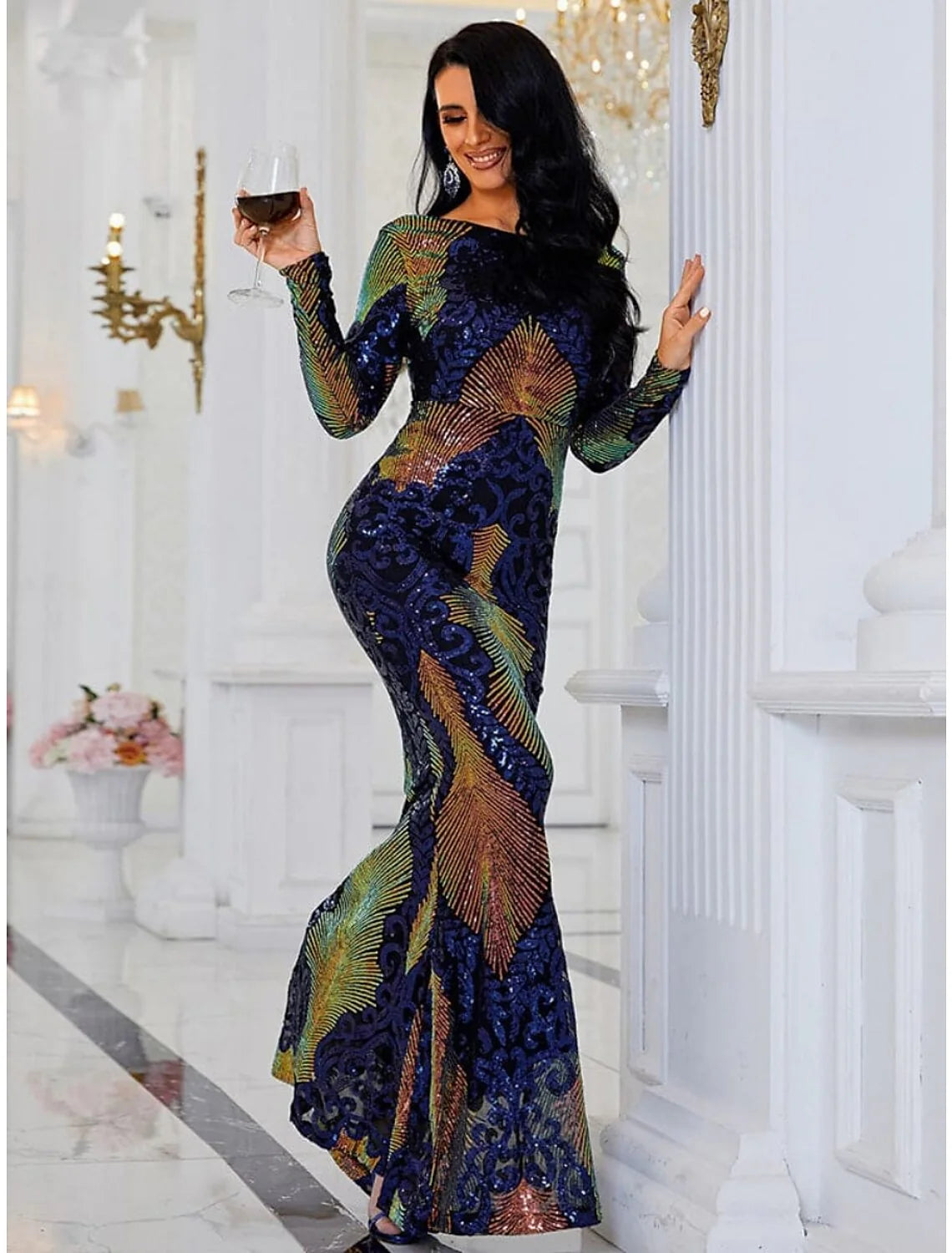 Evening Gown Elegant Dress Formal Sweep / Brush Train Long Sleeve Scoop Neck Sequined with Glitter Pleats