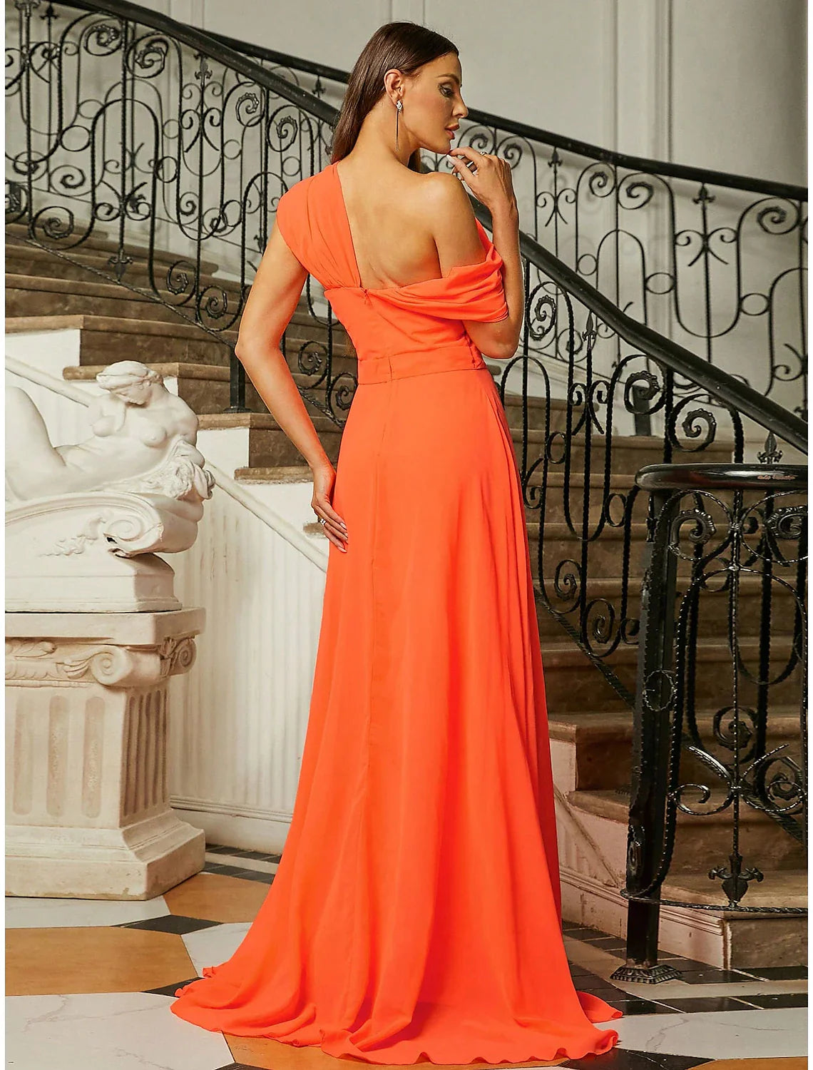 Evening Gown Elegant Dress Formal Wedding Guest Sweep / Brush Train Short Sleeve One Shoulder Stretch Fabric with Pleats Ruched