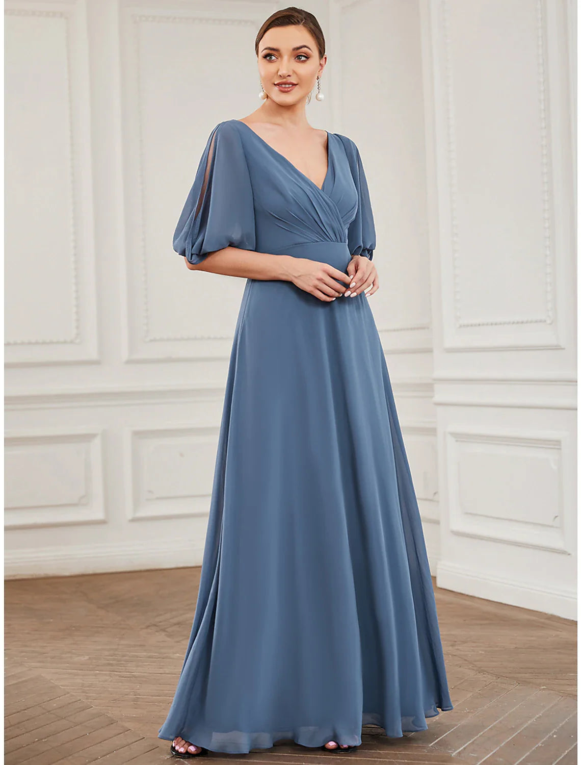 Evening Gown Minimalist Dress Wedding Guest Prom Floor Length Half Sleeve V Neck Chiffon with Pleats