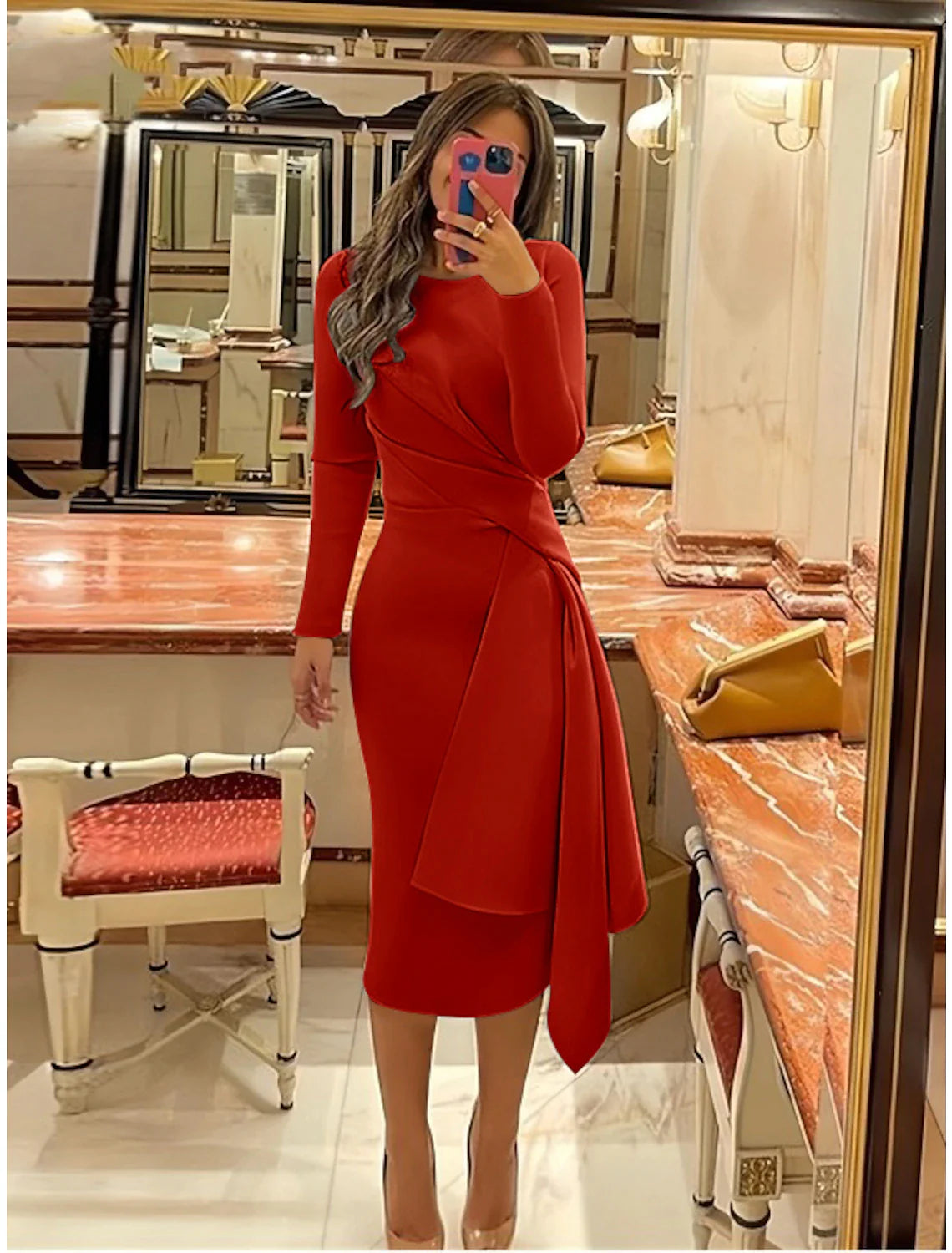 Sheath Formal Dress Cocktail Dresses Elegant Christmas Red Green Dress Formal Fall Knee Length Long Sleeve Jewel Neck with Pleats Ruched