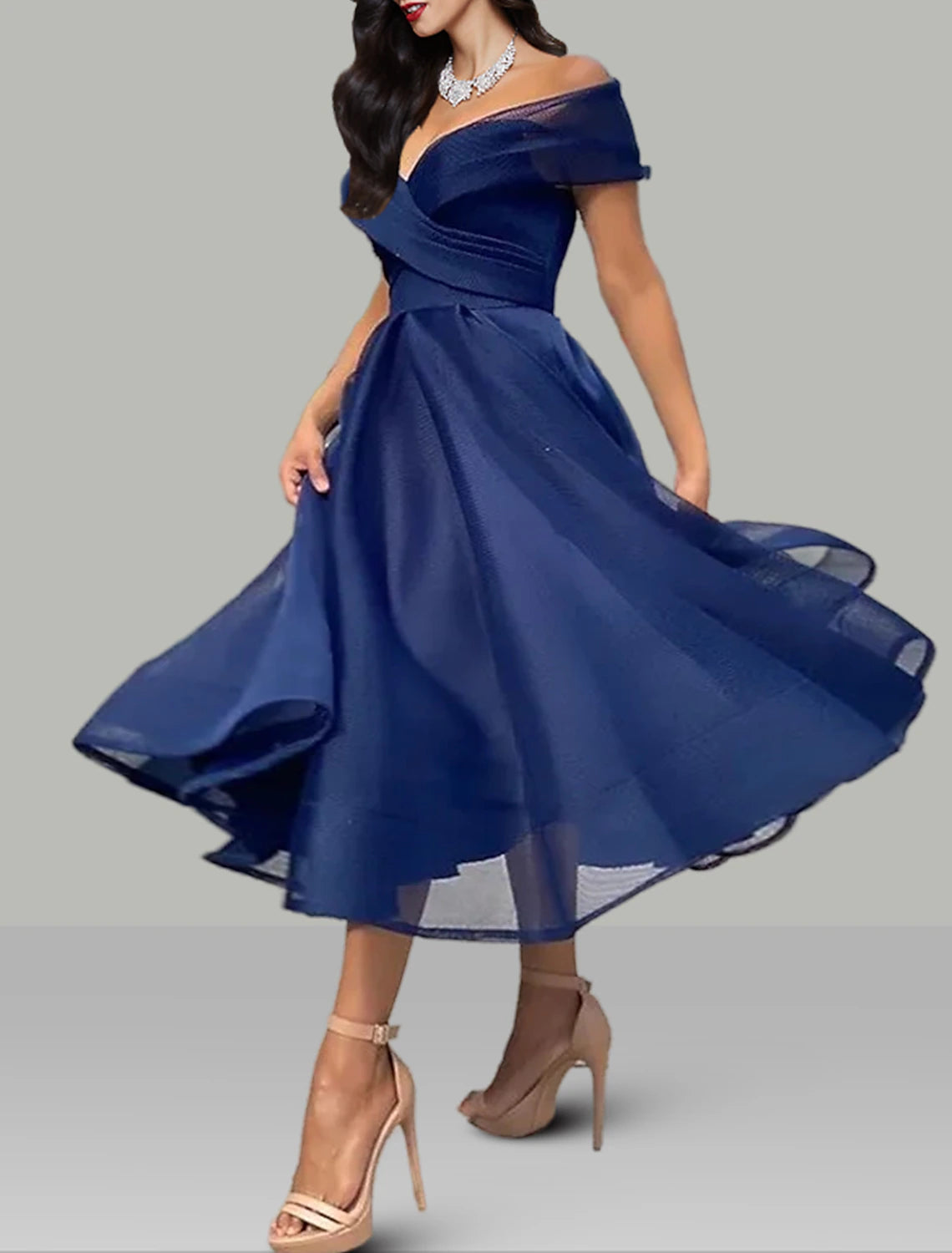A-Line Prom Dresses Vintage Dress Wedding Guest Summer Tea Length Sleeveless Off Shoulder Organza Backless
