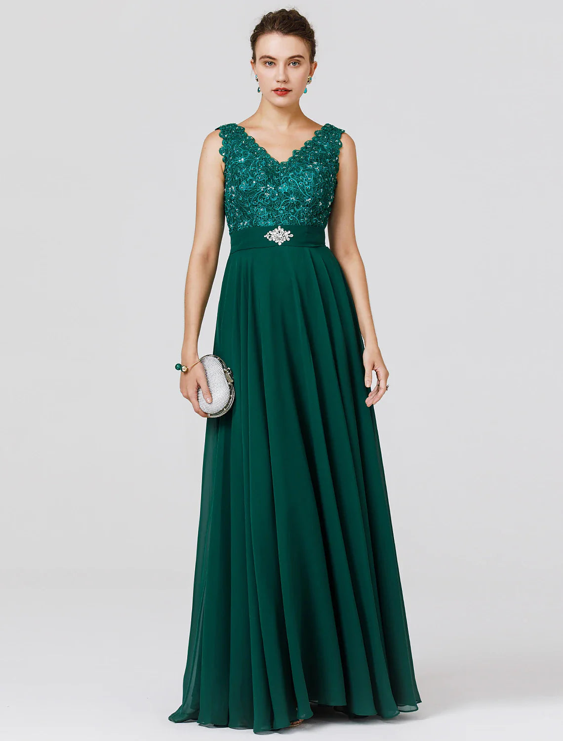 Wedding Guest Formal Evening Floor Length Sleeveless V Neck Chiffon V Back with Sash / Ribbon Beading