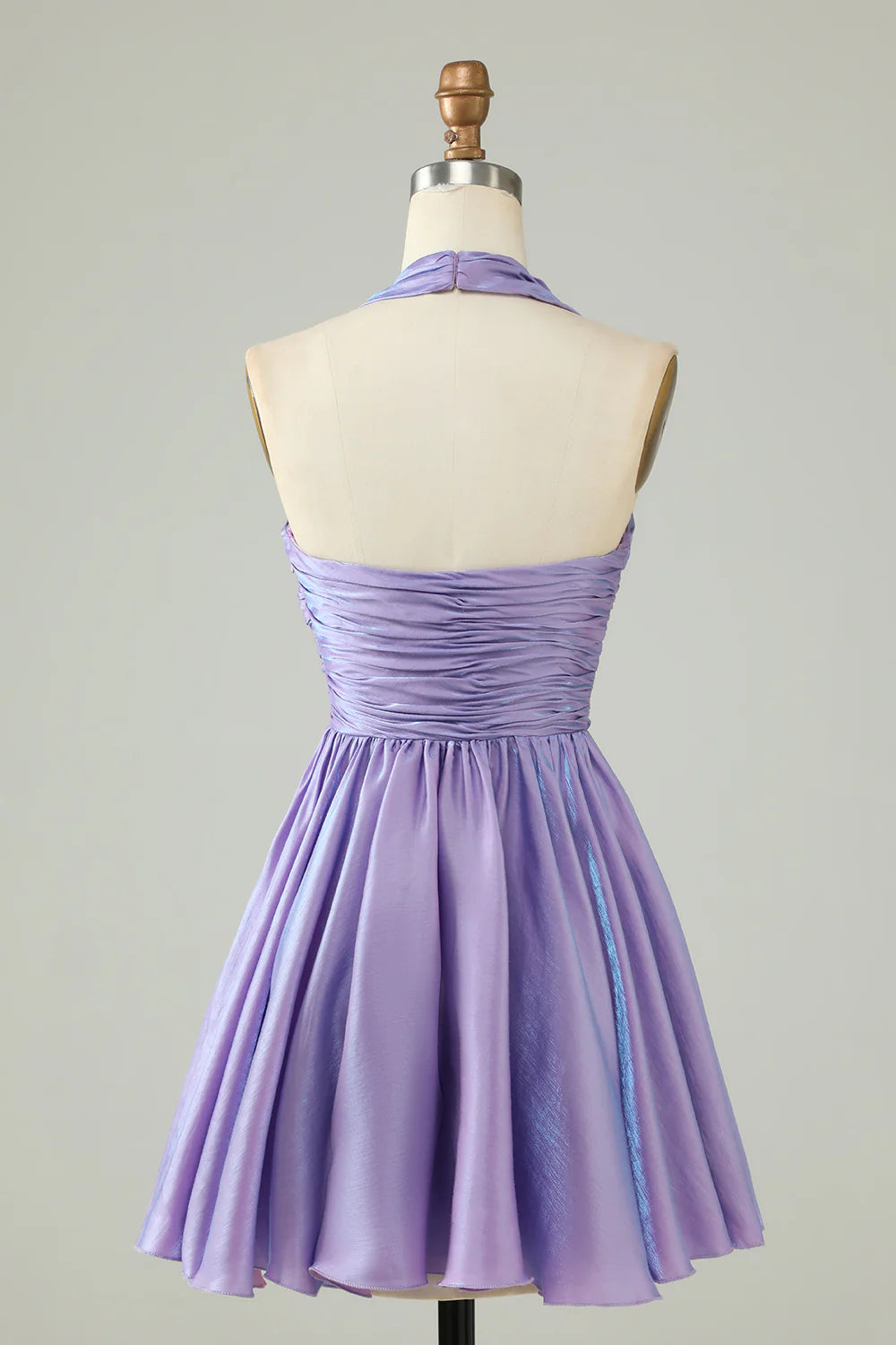 A-Line Satin Halter Purple Homecoming Dress With Pleated